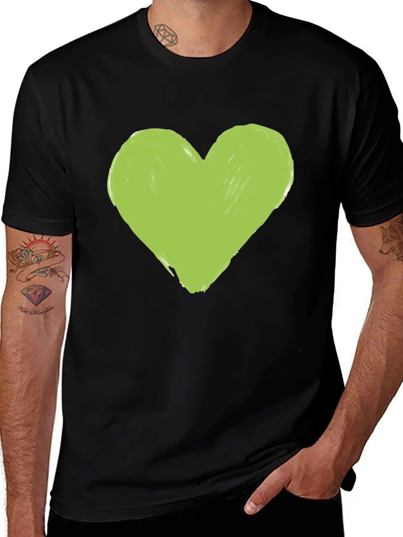 Green Heart Graphic Tee - Casual Black T-Shirt