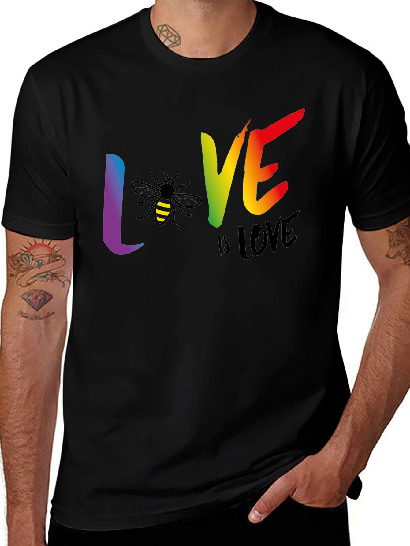 Variant 3 of Love is Love LGBTQ+ Bee Graphic Black T-Shirt