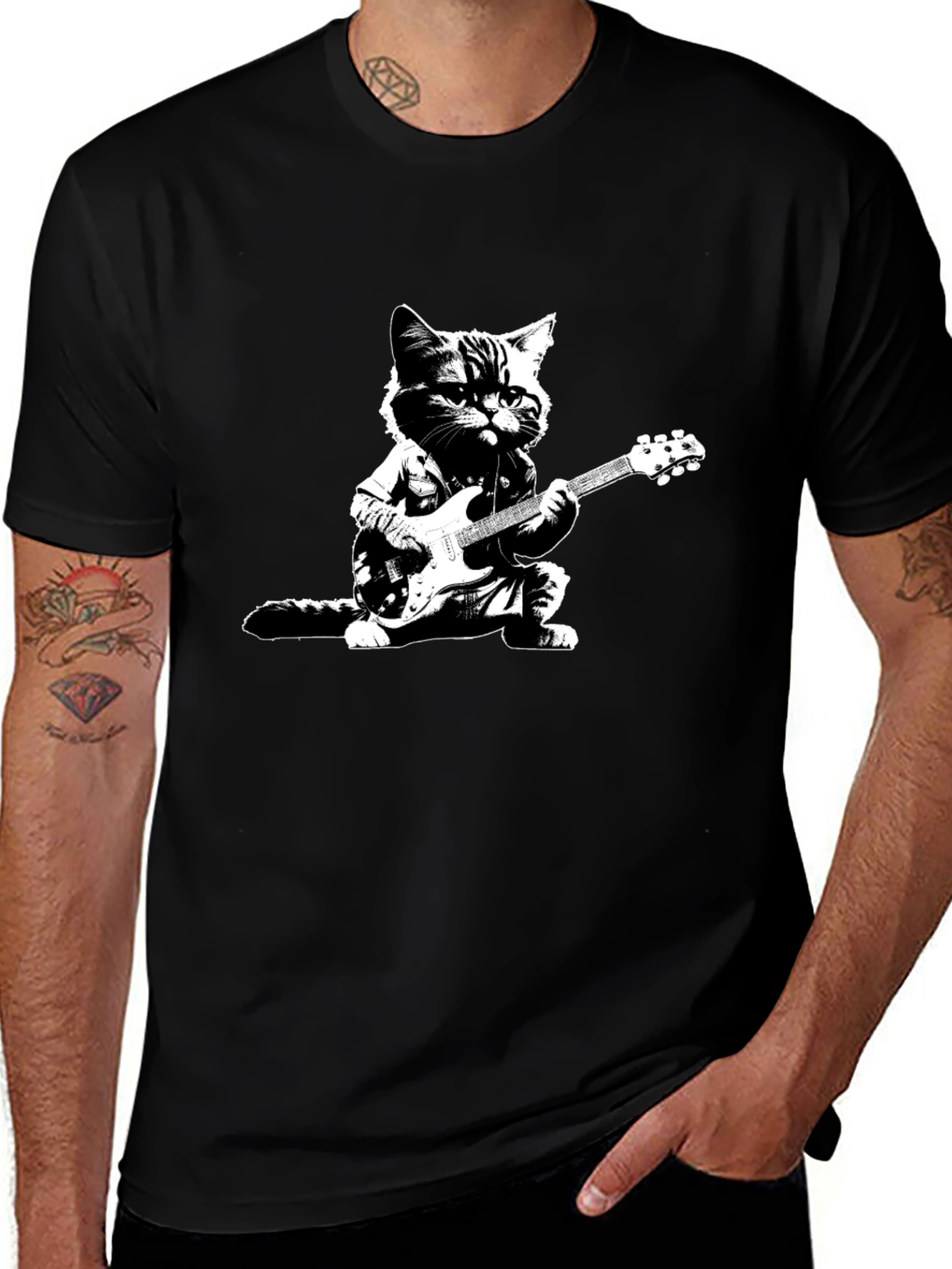 Variant 20 of Cool Cat Guitarist Black T-Shirt