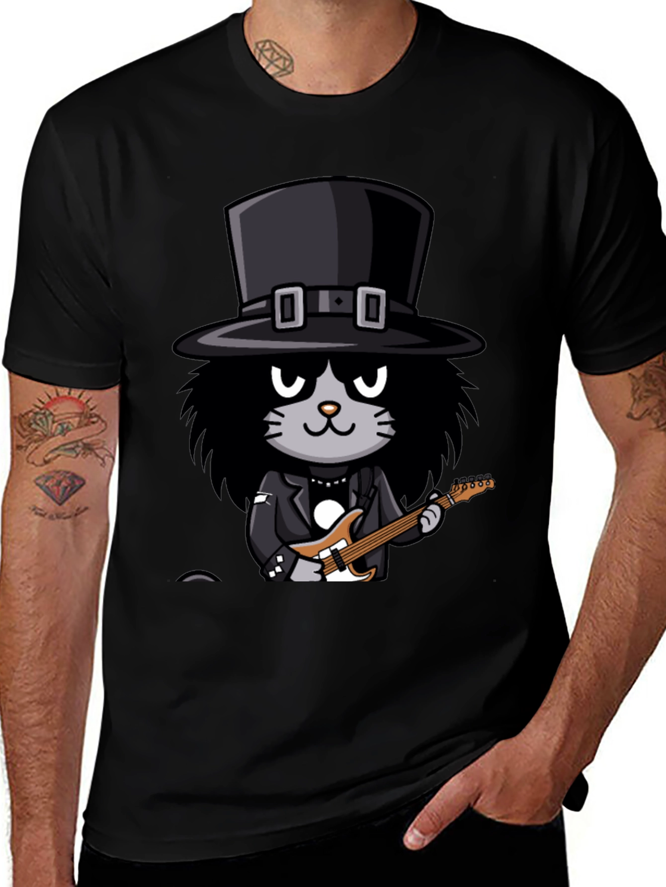 Variant 8 of Cool Cat Guitarist Graphic T-Shirt - Black