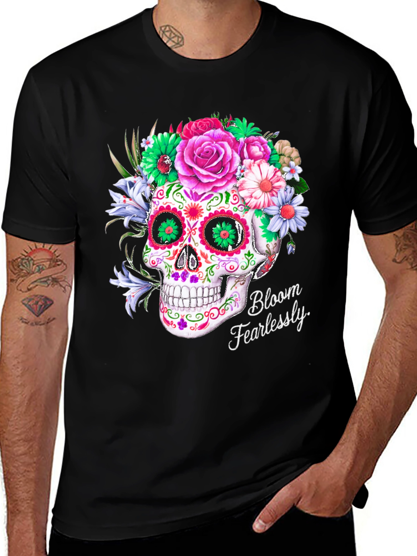 Variant 24 of Floral Sugar Skull Graphic Tee - Bloom Fearlessly
