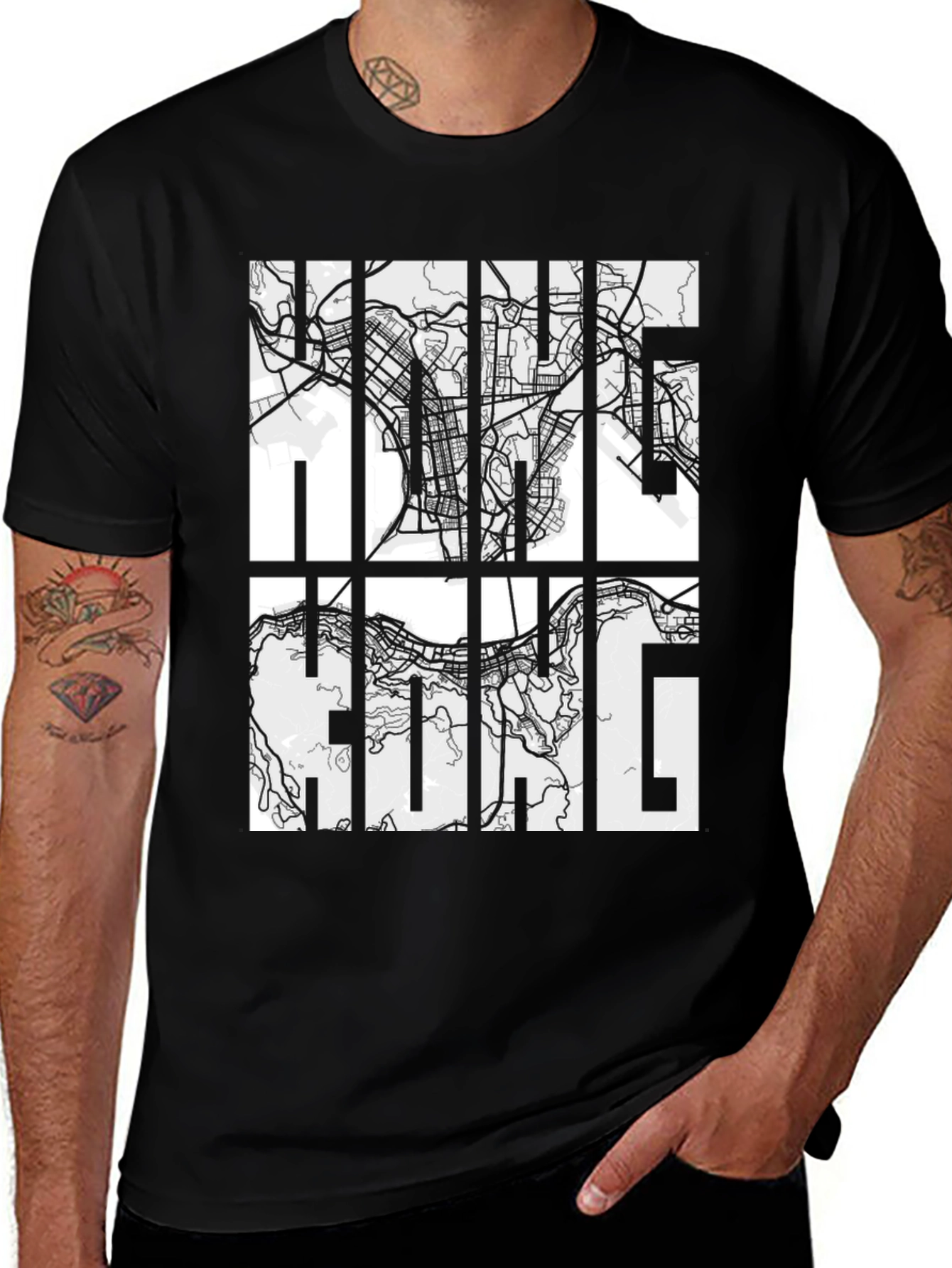 Hong Kong Map Graphic Black T-Shirt