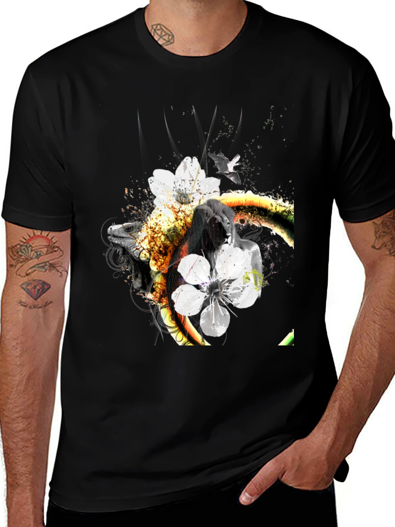 Variant 10 of Unique Floral & Fauna Graphic Tee - Black