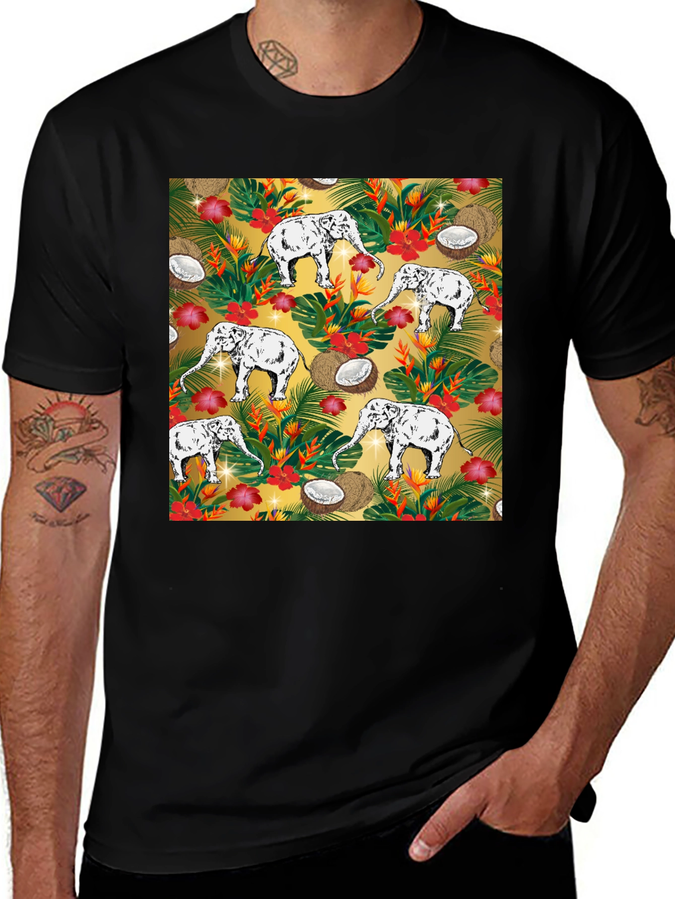 Variant 24 of Tropical Elephant Print Black T-Shirt
