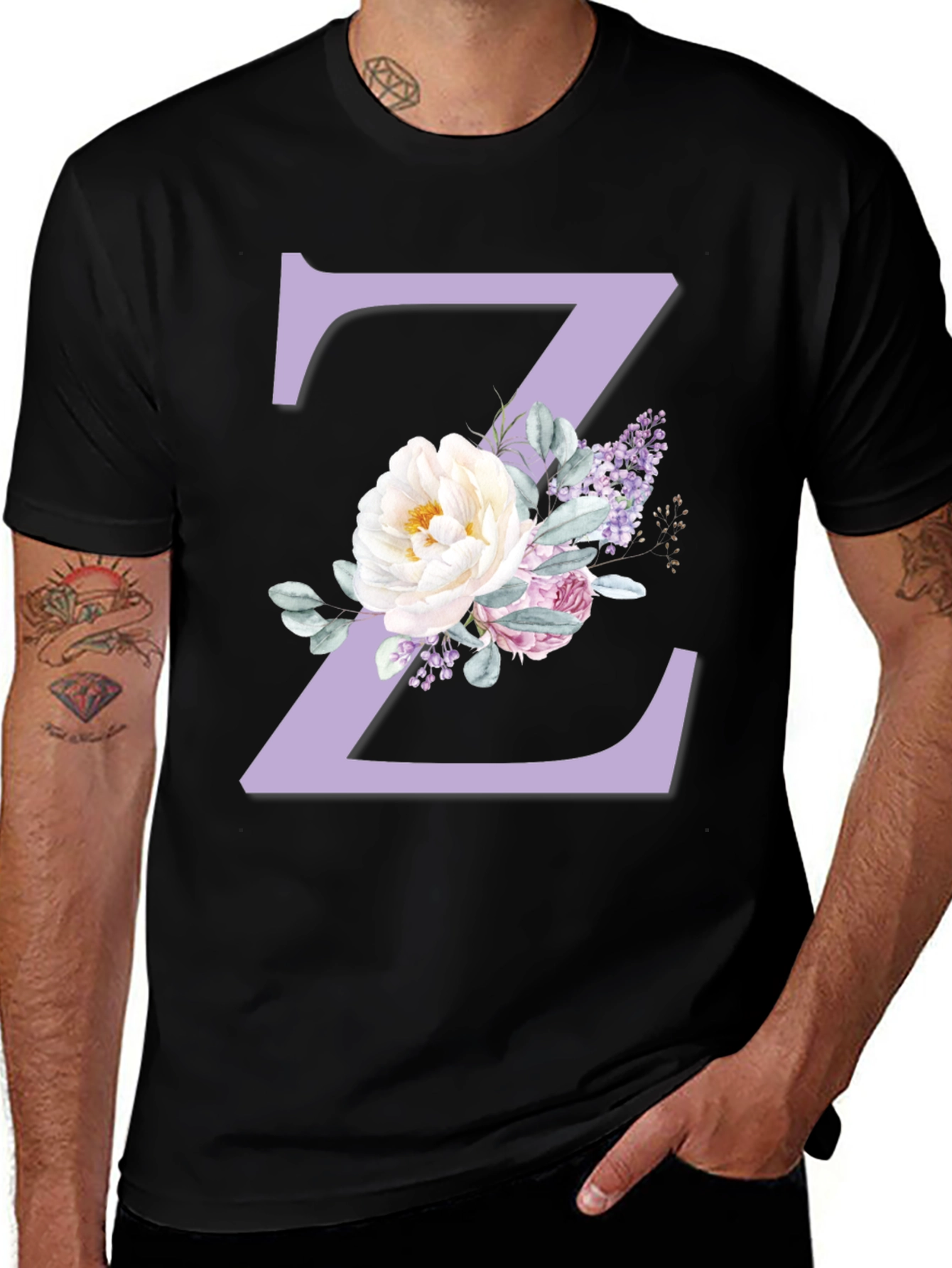Floral Letter Z Initial Black T-Shirt