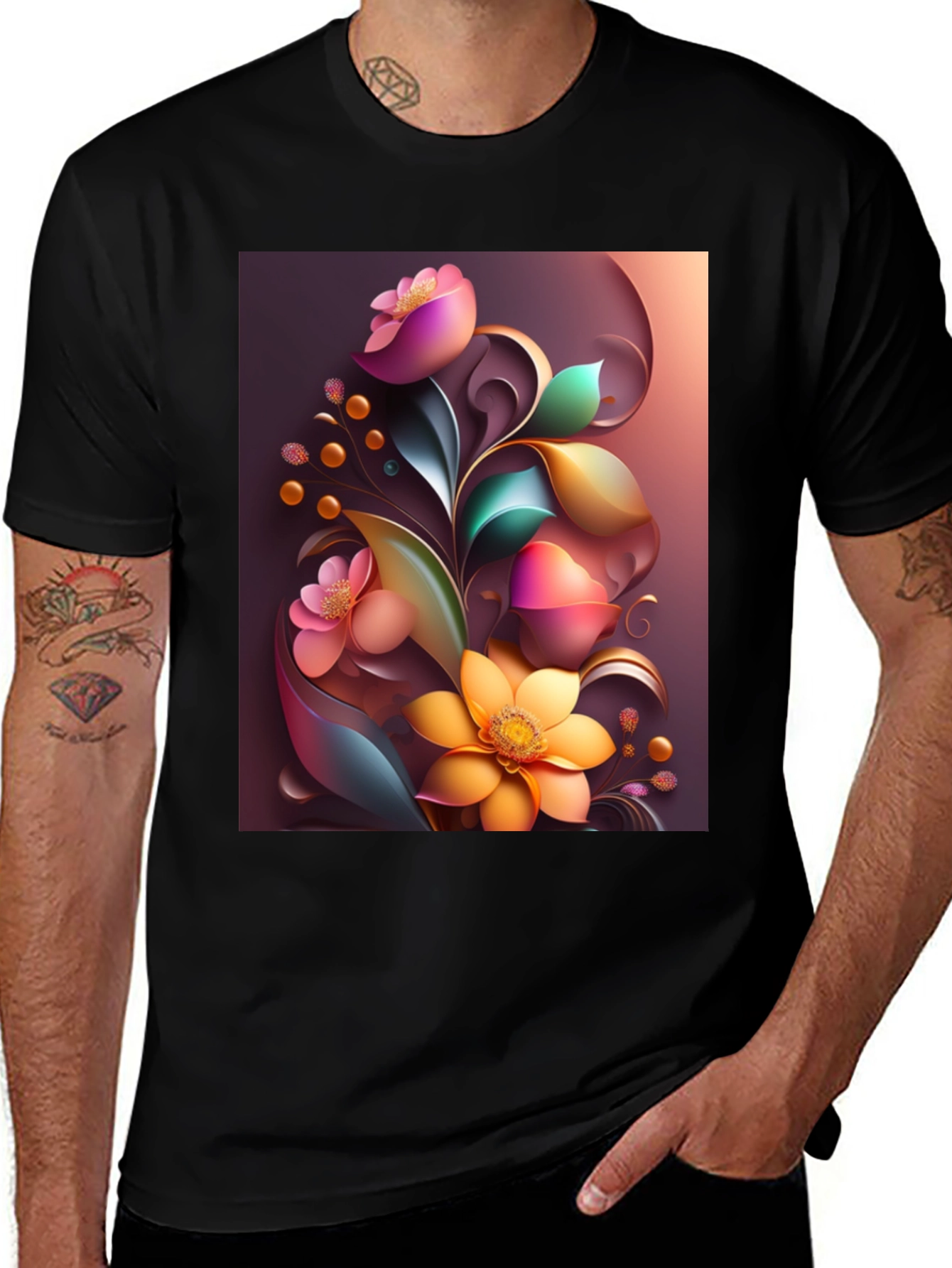 Variant 5 of Floral Art Graphic Print Black T-Shirt