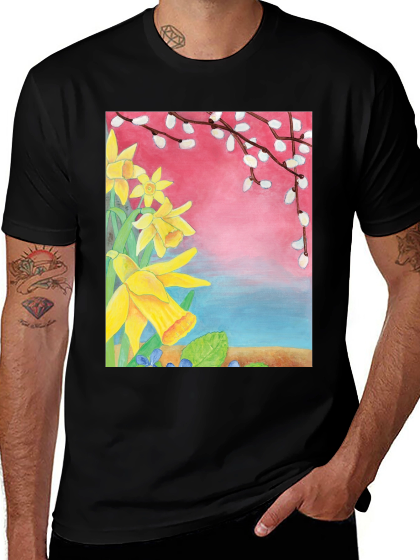Variant 30 of Floral Spring T-Shirt - Unique Daffodil & Pussy Willow Design