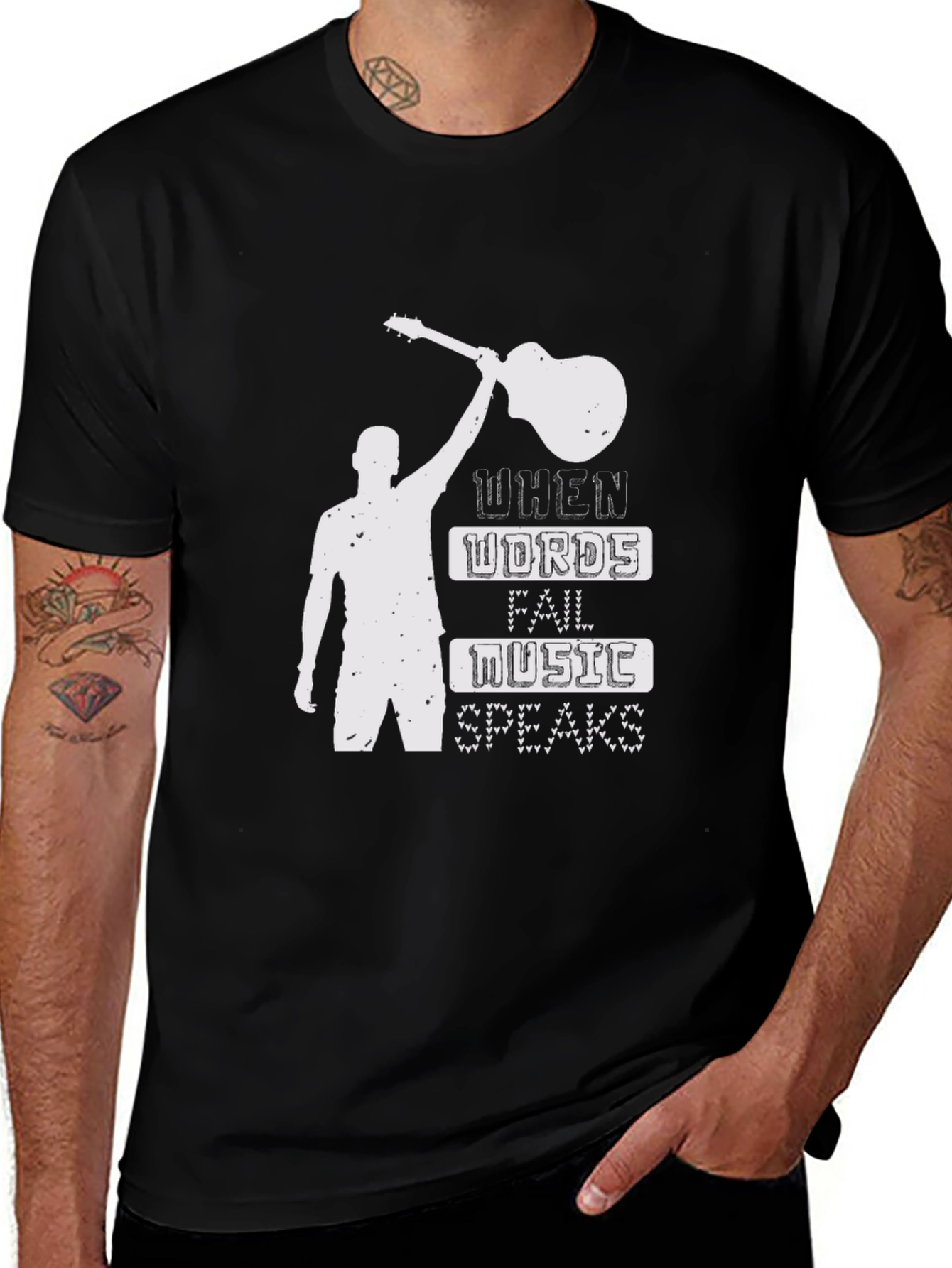 Variant 16 of When Words Fail Music Speaks Black Graphic Tee