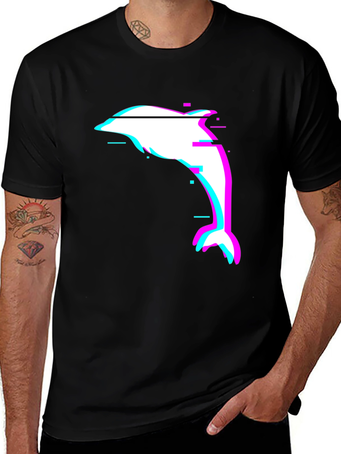 Variant 14 of Glitch Dolphin Graphic Tee - Black Casual T-Shirt