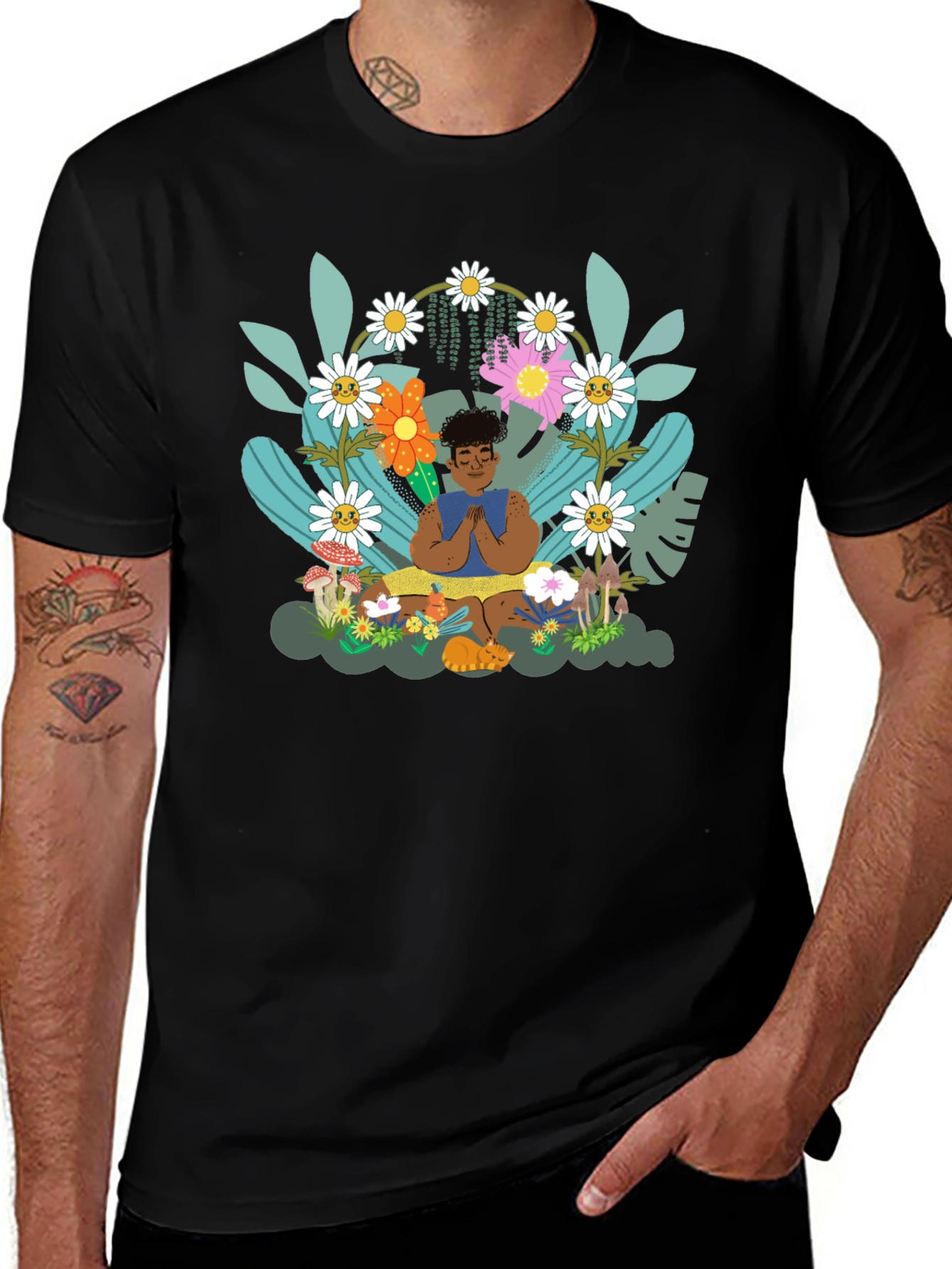 Variant 20 of Zen Garden T-Shirt - Meditating Figure with Floral Design