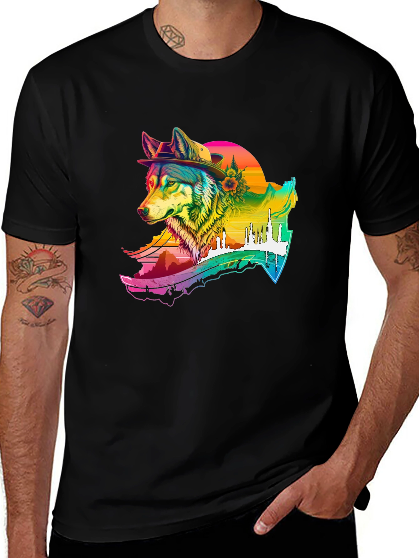 Variant 20 of Wolf in Hat Rainbow Graphic Tee