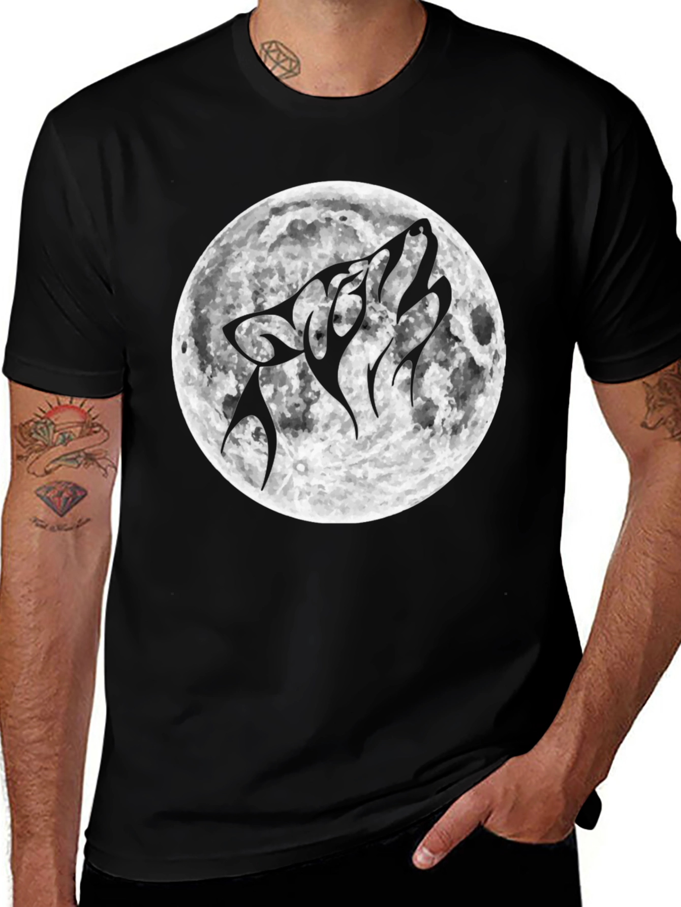 Variant 9 of Wolf Moon Graphic Tee - Black Cotton Shirt