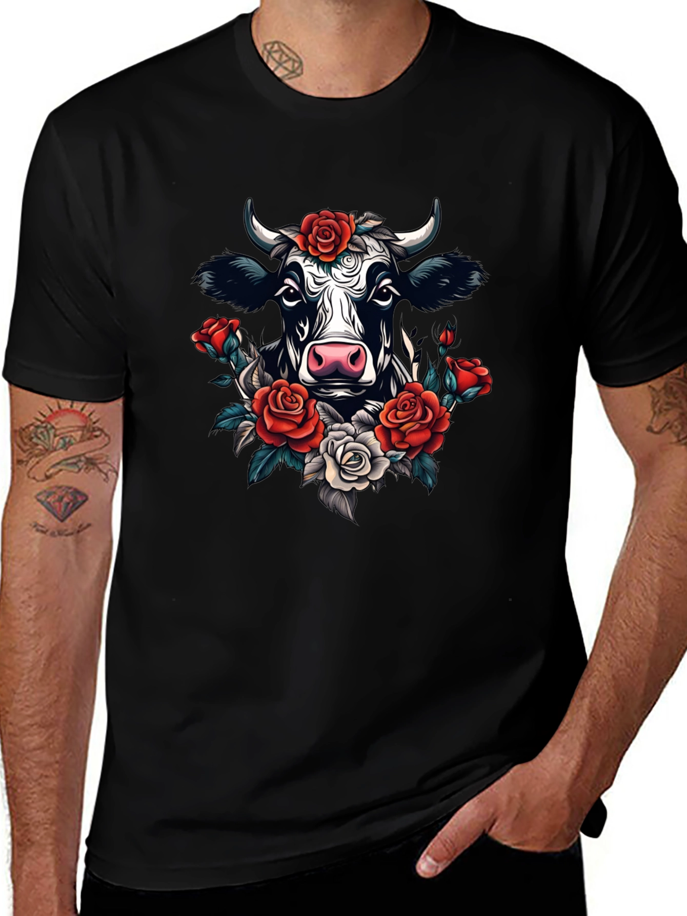 Variant 26 of Floral Cow Graphic Tee - Black Cotton T-Shirt