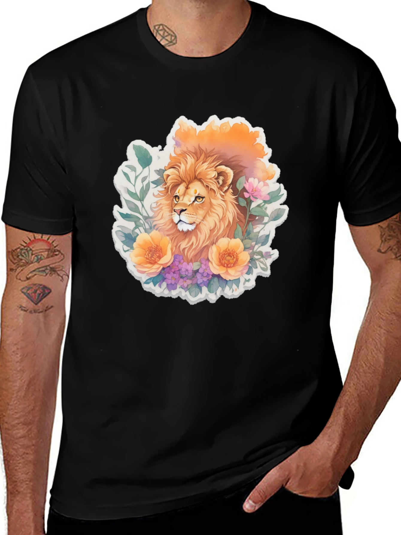 Variant 11 of Lion Floral Graphic Tee - Stylish Men's Black T-Shirt