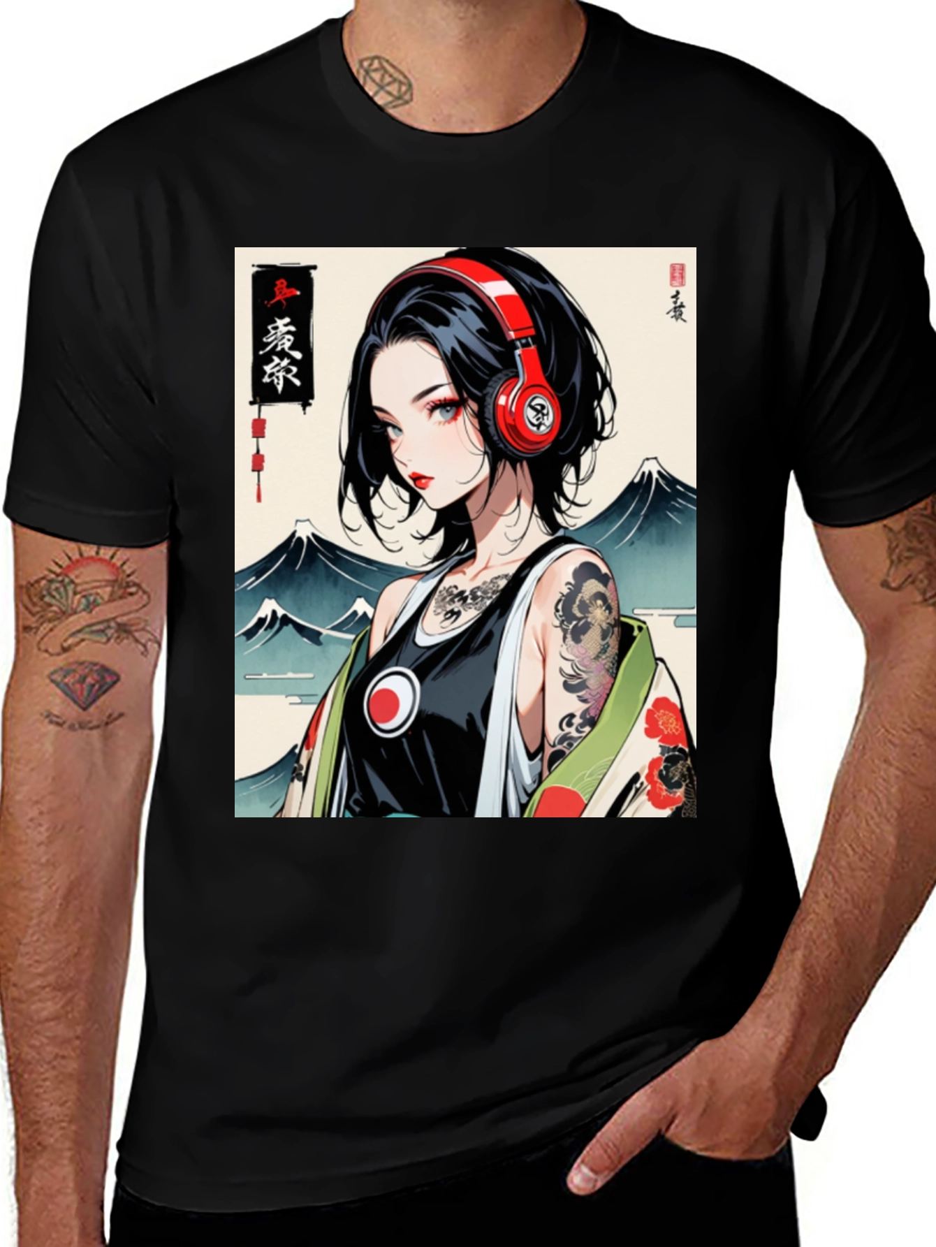 Variant 12 of Anime Girl Headphones Graphic Black T-Shirt