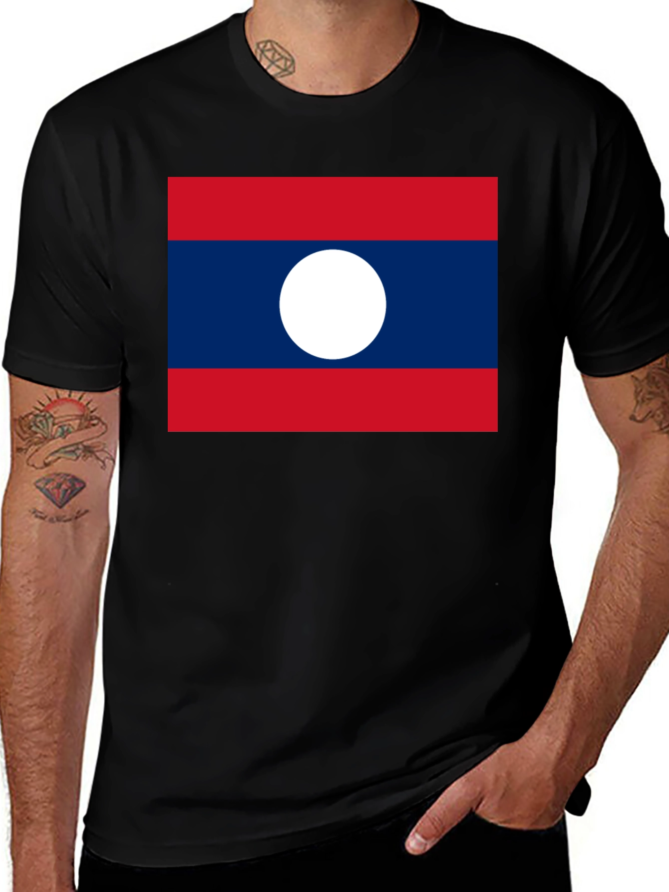 Variant 29 of Laos Flag T-Shirt - Black Crew Neck Tee