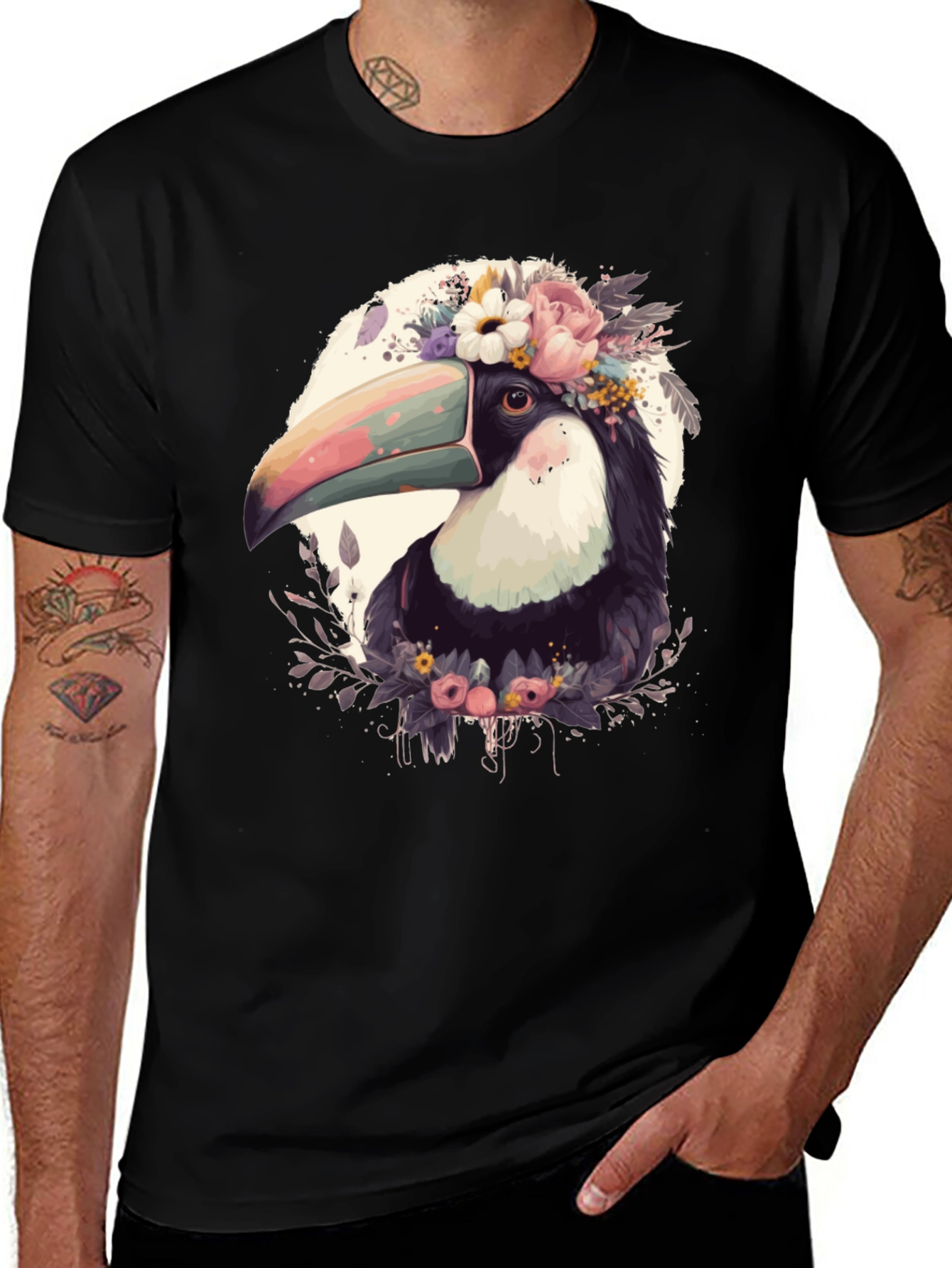 Variant 2 of Floral Toucan Graphic Tee - Stylish Men's Black T-Shirt