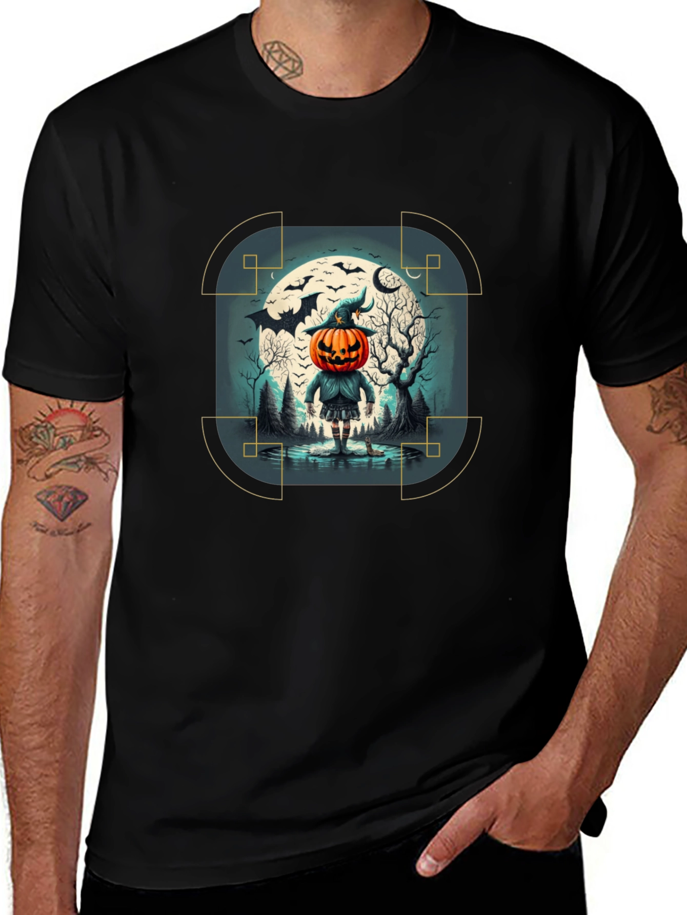 Halloween Pumpkin Head Graphic Tee - Men's Black T-Shirt