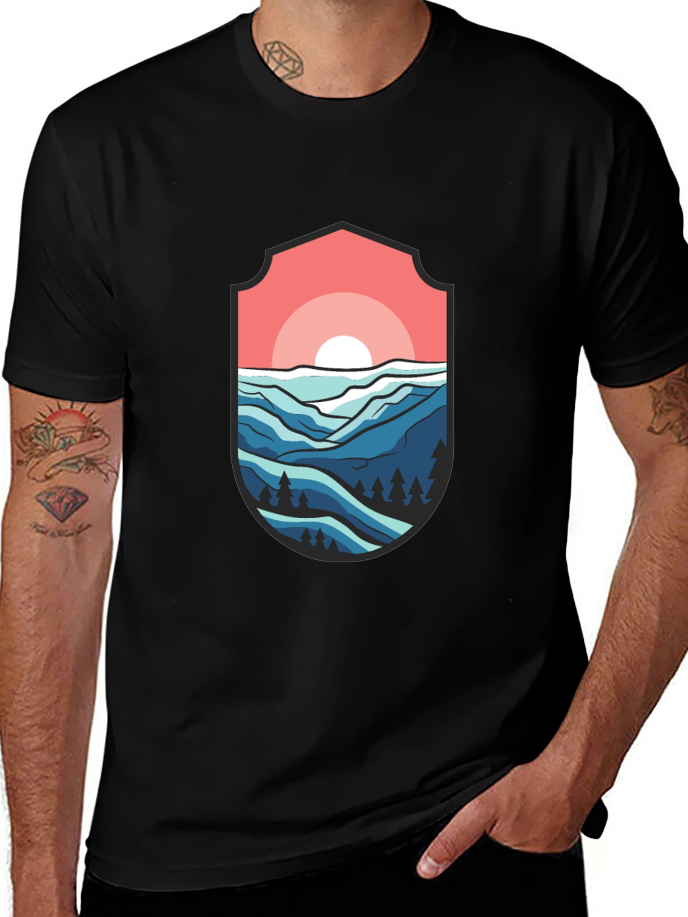 Variant 14 of Mountain Sunset Graphic Tee - Black Cotton T-Shirt