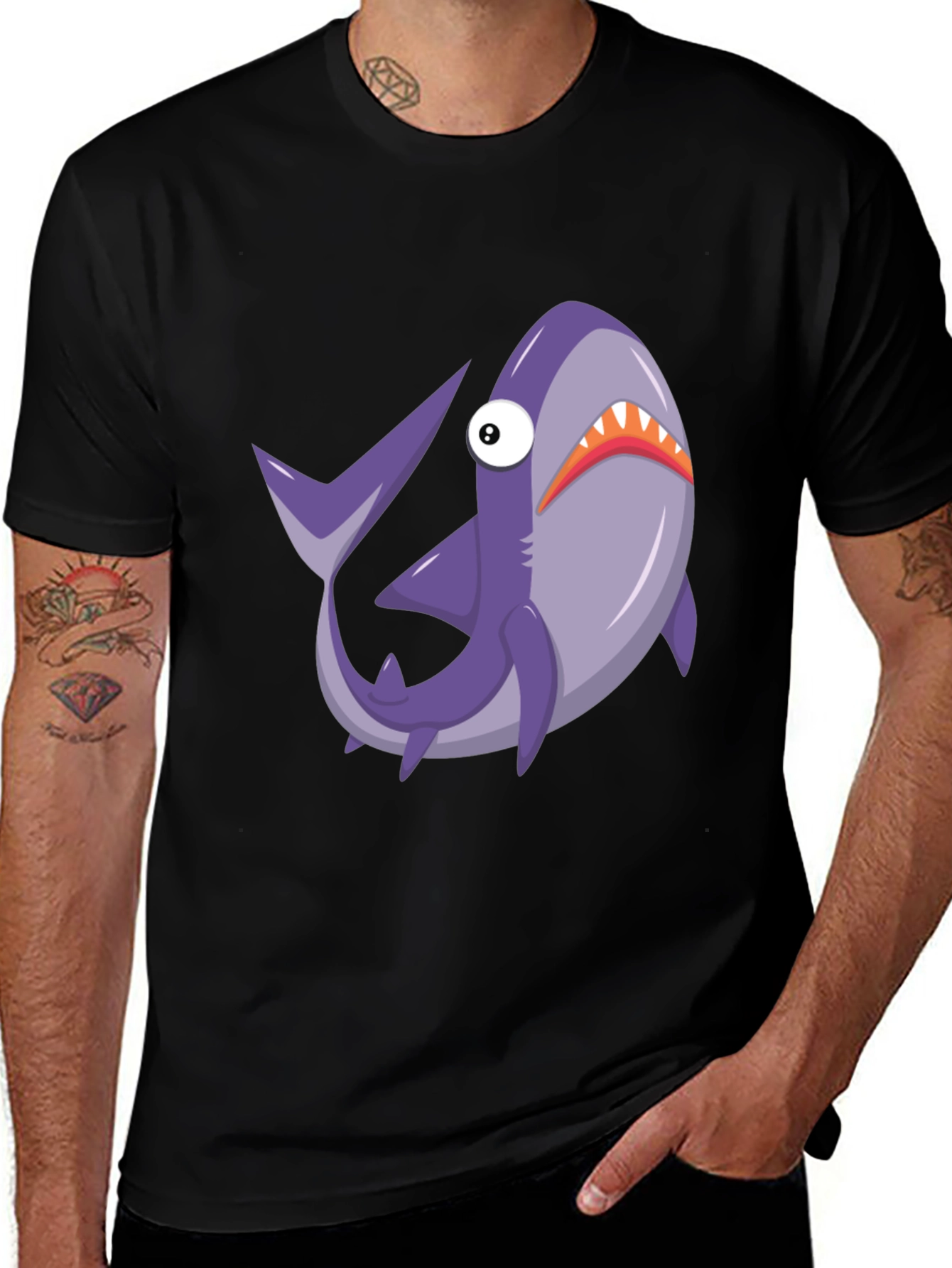 Variant 2 of Shark Cartoon Graphic Print Black T-Shirt
