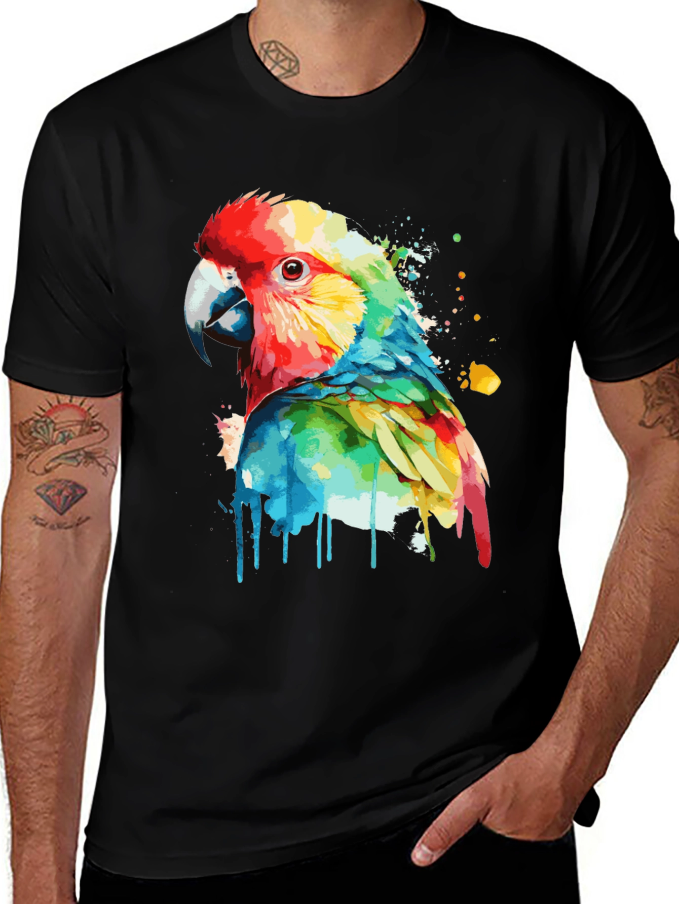 Variant 7 of Colorful Parrot Graphic Black T-Shirt