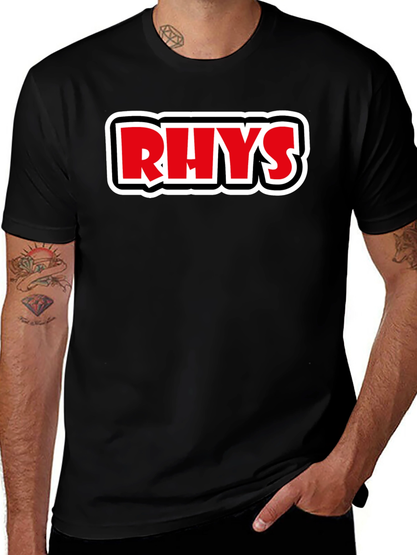 Variant 5 of Rhys T-Shirt - Black Cotton Tee with Bold Red & White Lettering