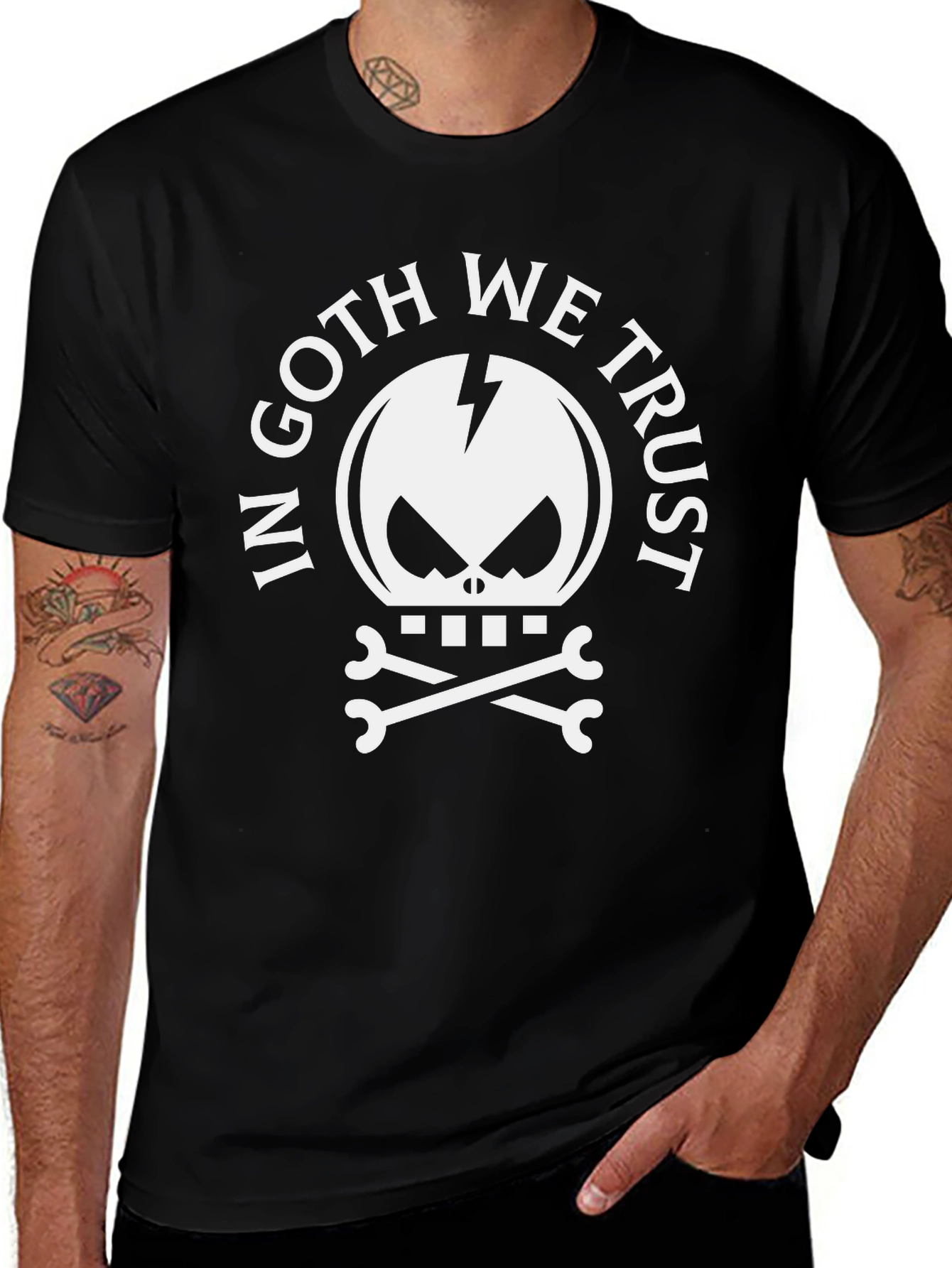 In Goth We Trust T-Shirt - Skull & Crossbones Graphic Tee