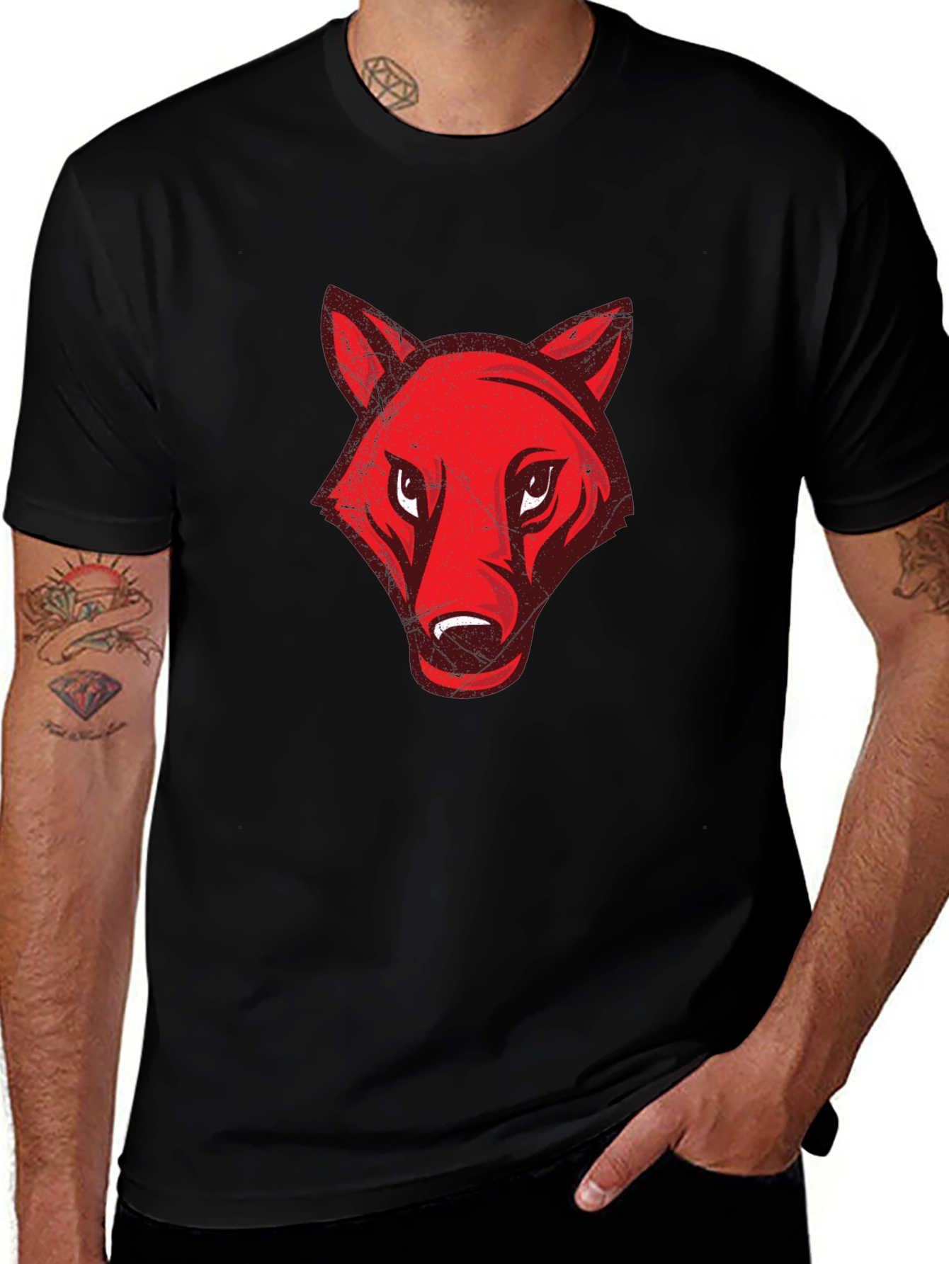 Variant 8 of Men's Black T-Shirt with Red Wolf Graphic
