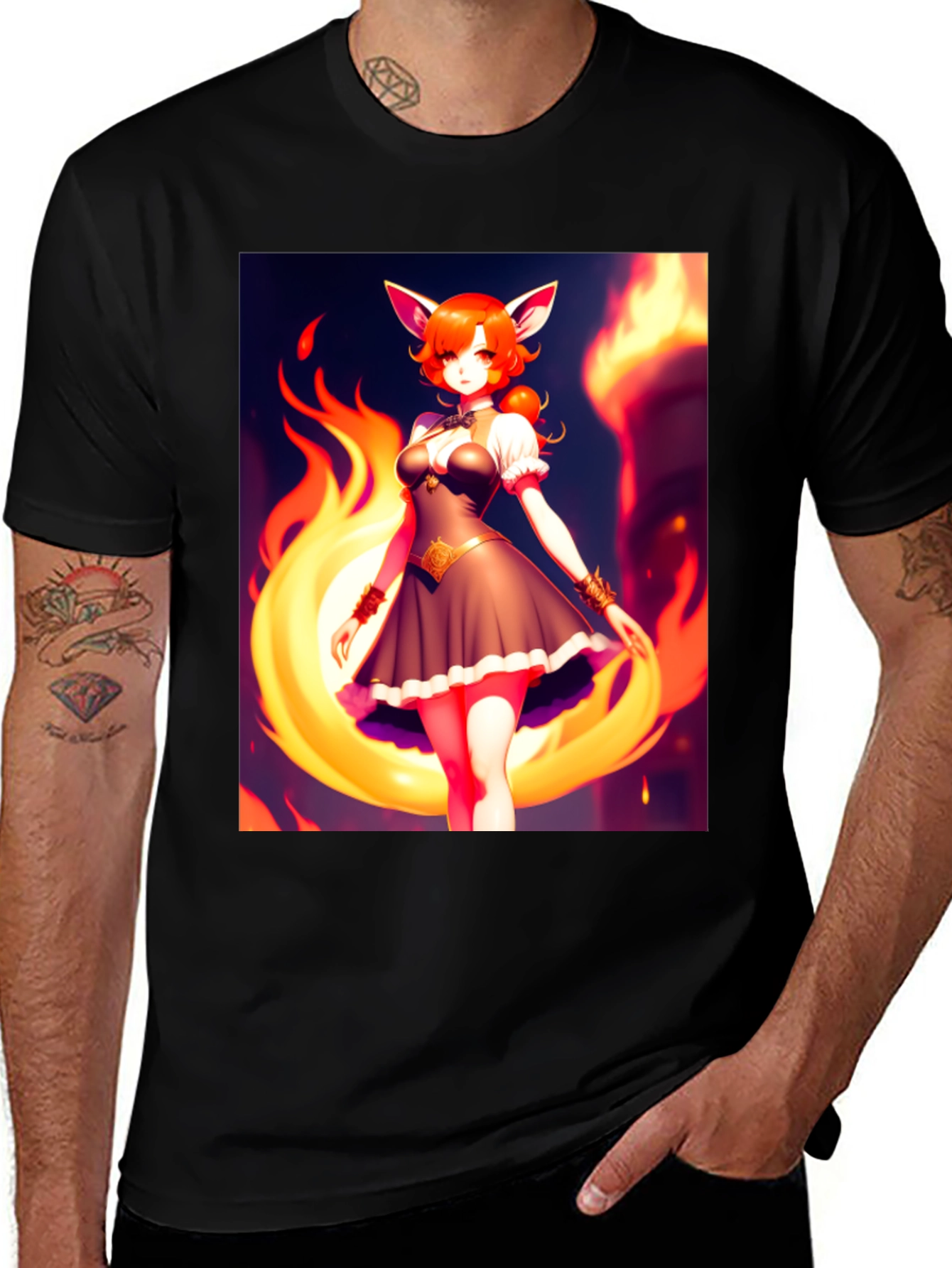 Variant 19 of Anime Fox Girl Graphic Tee - Black Short Sleeve T-Shirt