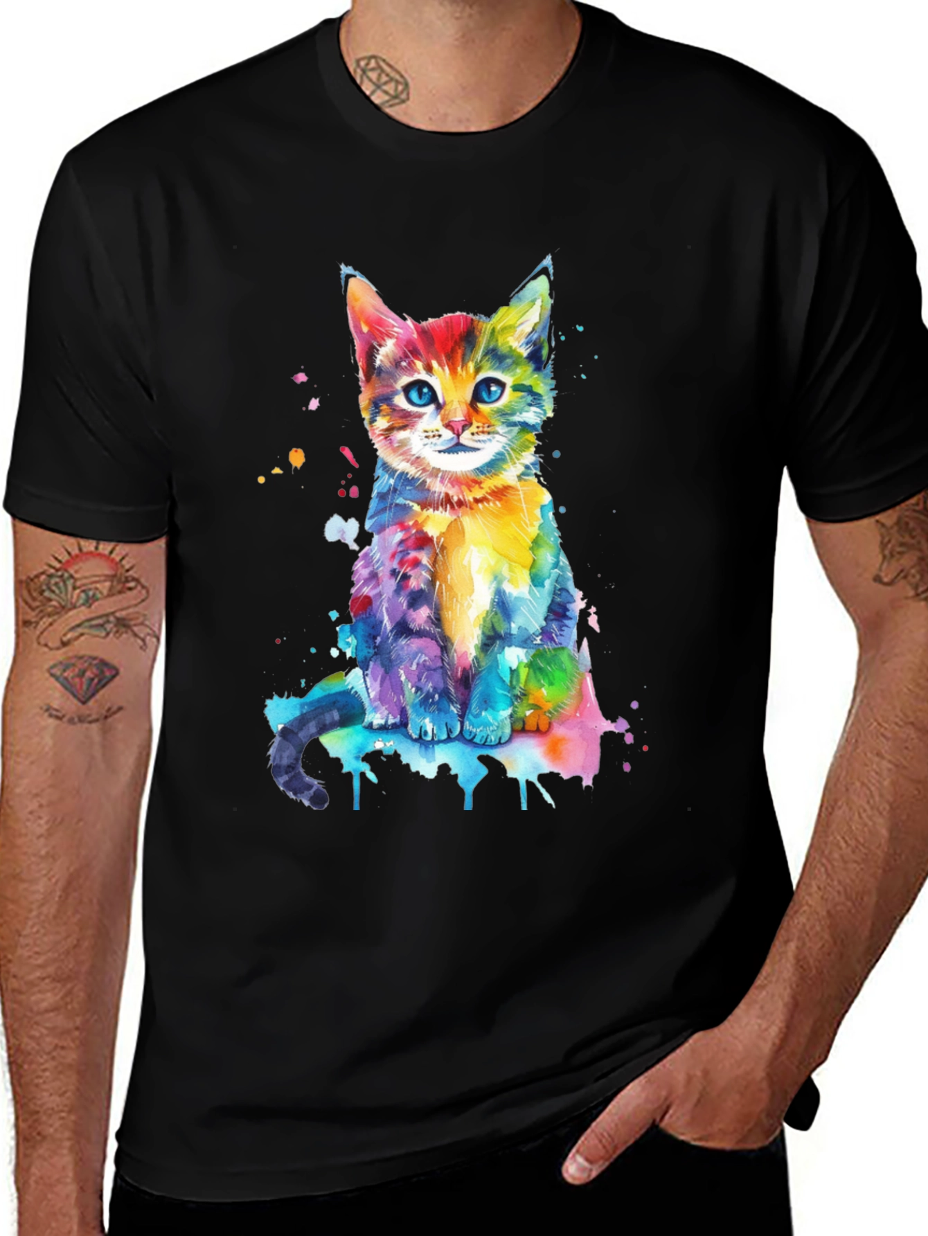 Variant 4 of Watercolor Cat Graphic Tee - Vibrant Colorful Kitten Shirt