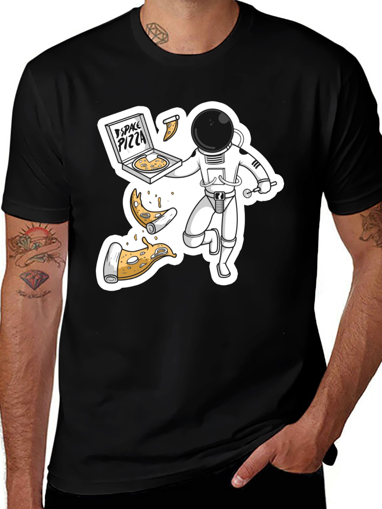 Variant 24 of Space Pizza Black T-Shirt - Astronaut Delivery!