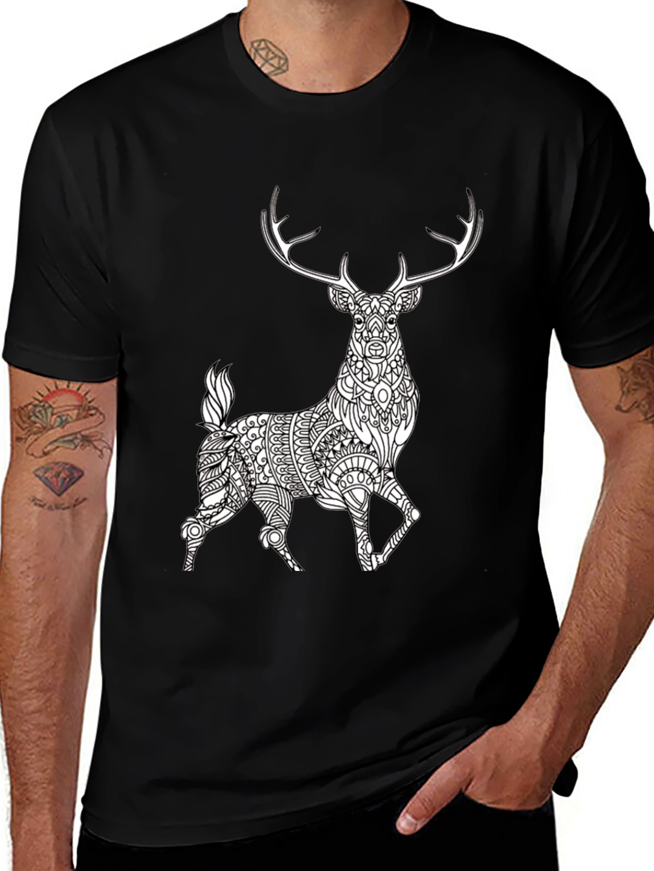 Variant 8 of Geometric Deer Graphic Tee - Black Cotton Blend