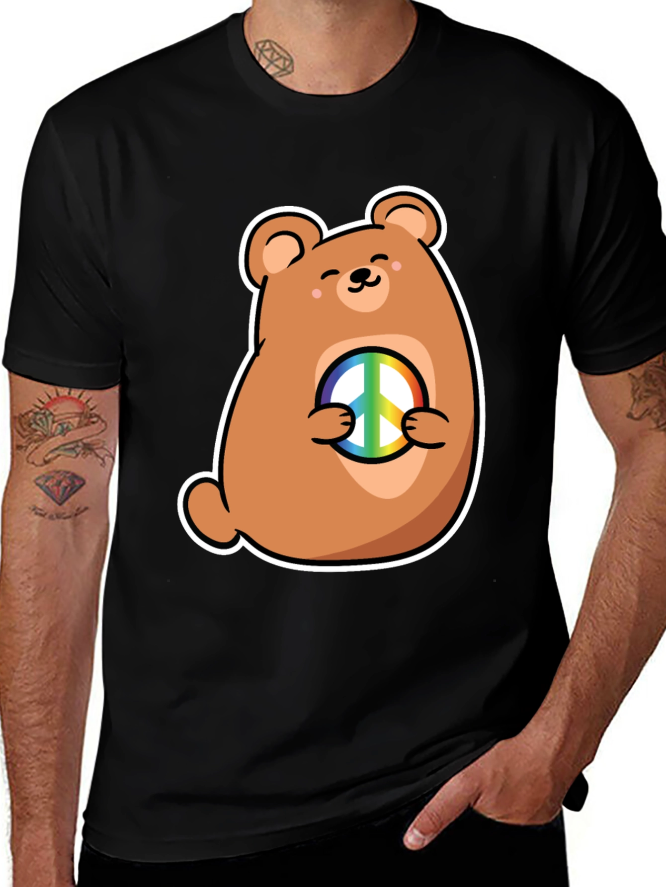 Variant 12 of Bear Peace Sign Graphic Tee - Black Cotton T-Shirt