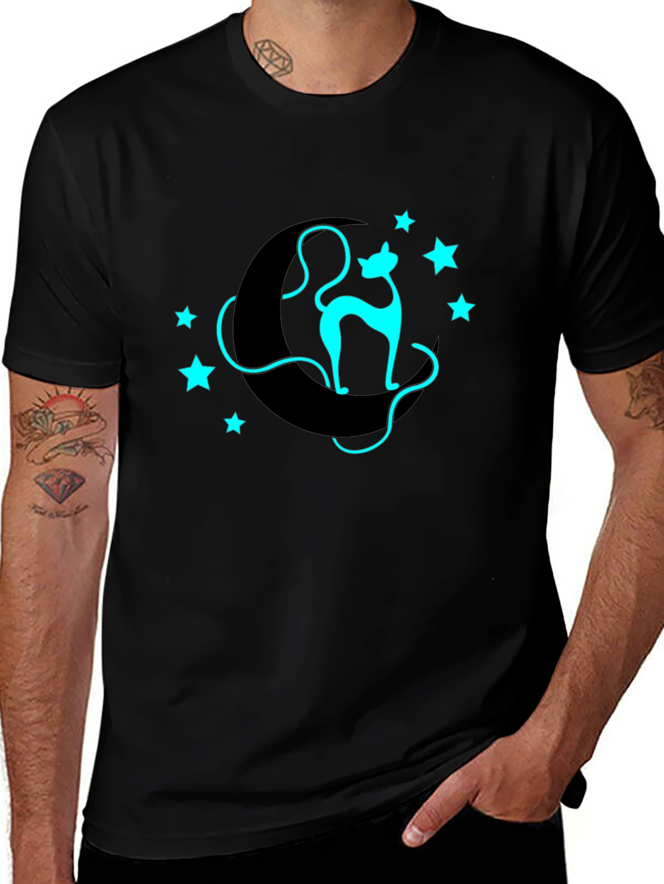 Variant 30 of Moon Cat Graphic Tee - Black Cotton T-Shirt