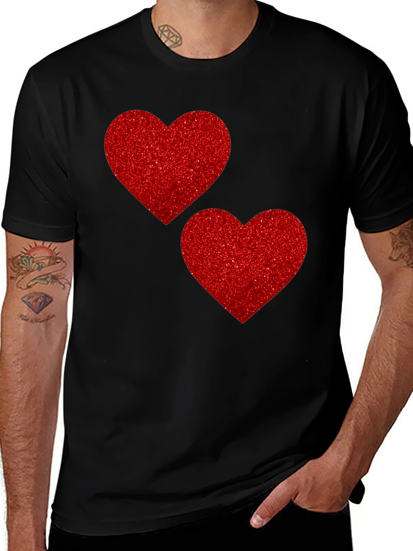 Variant 10 of Heart Graphic Tee - Red Glitter Hearts on Black