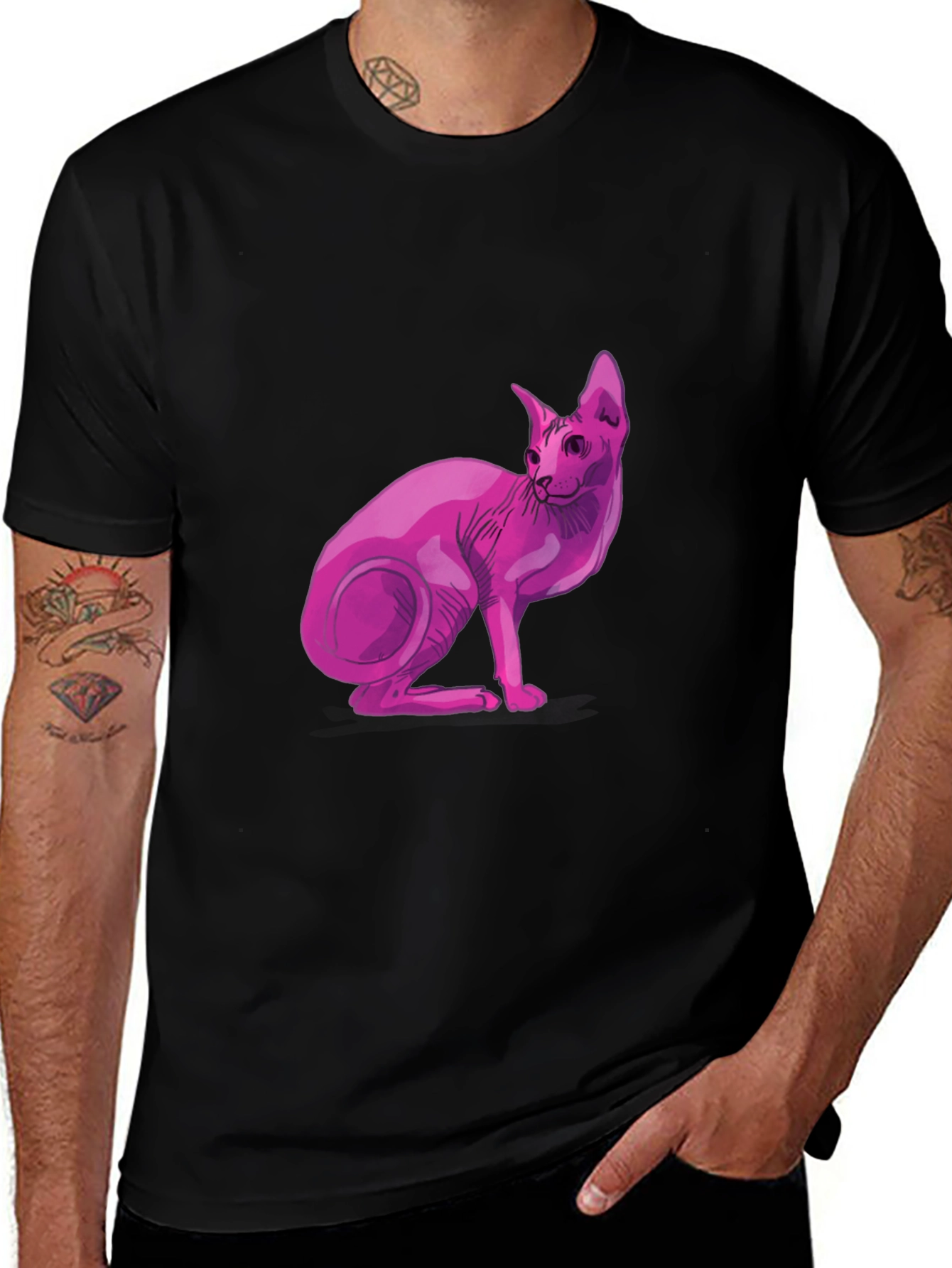 Pink Sphynx Cat Graphic Black T-Shirt