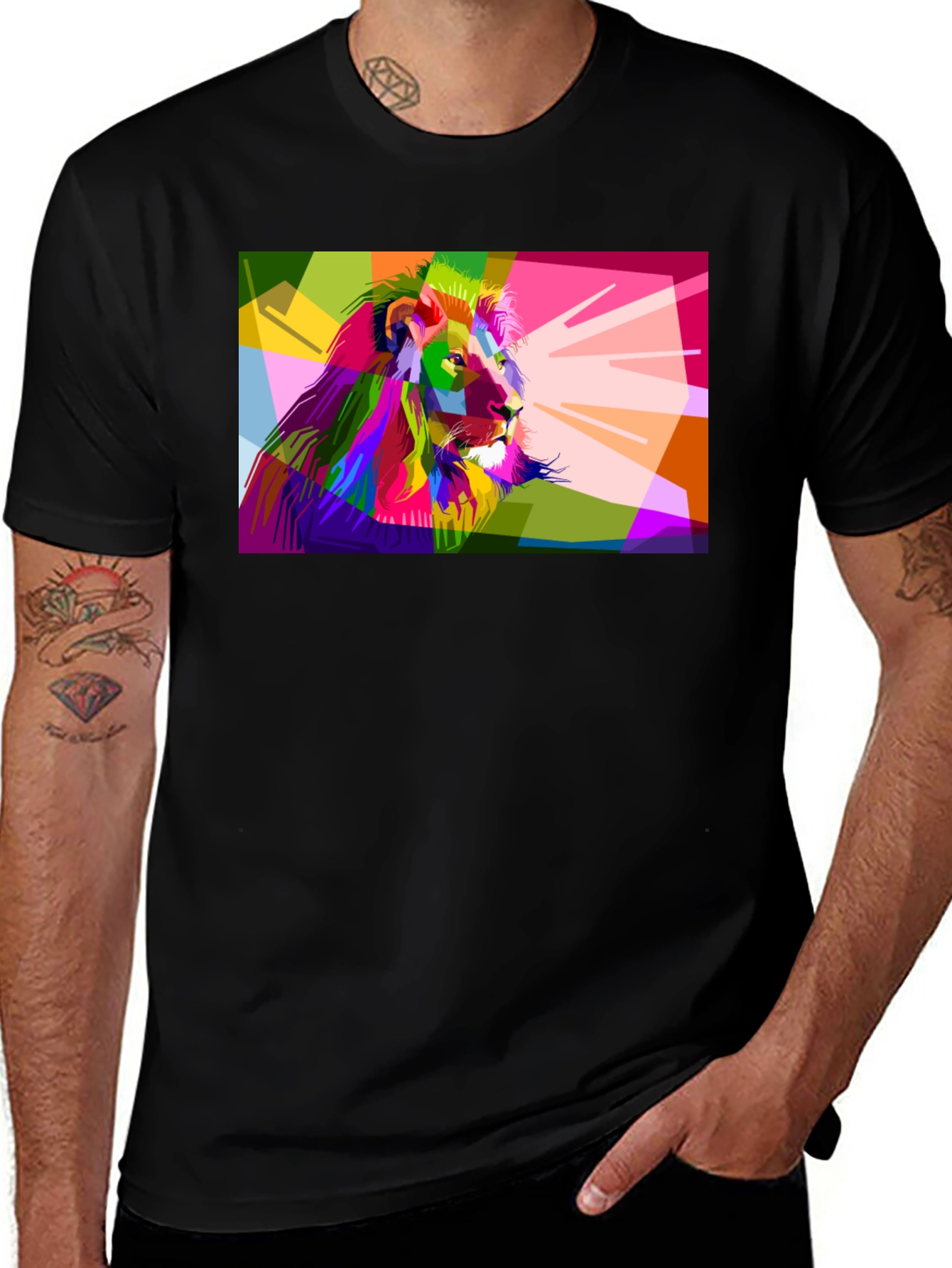 Variant 17 of Geometric Lion Graphic Print Men's Black T-Shirt