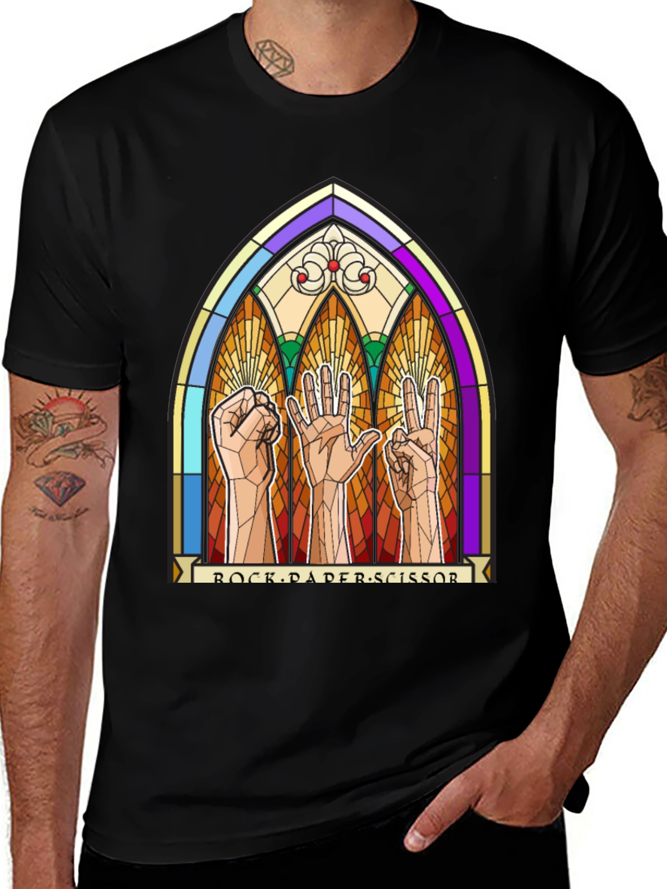 Black Rock Paper Scissors Stained Glass Graphic T-Shirt main image