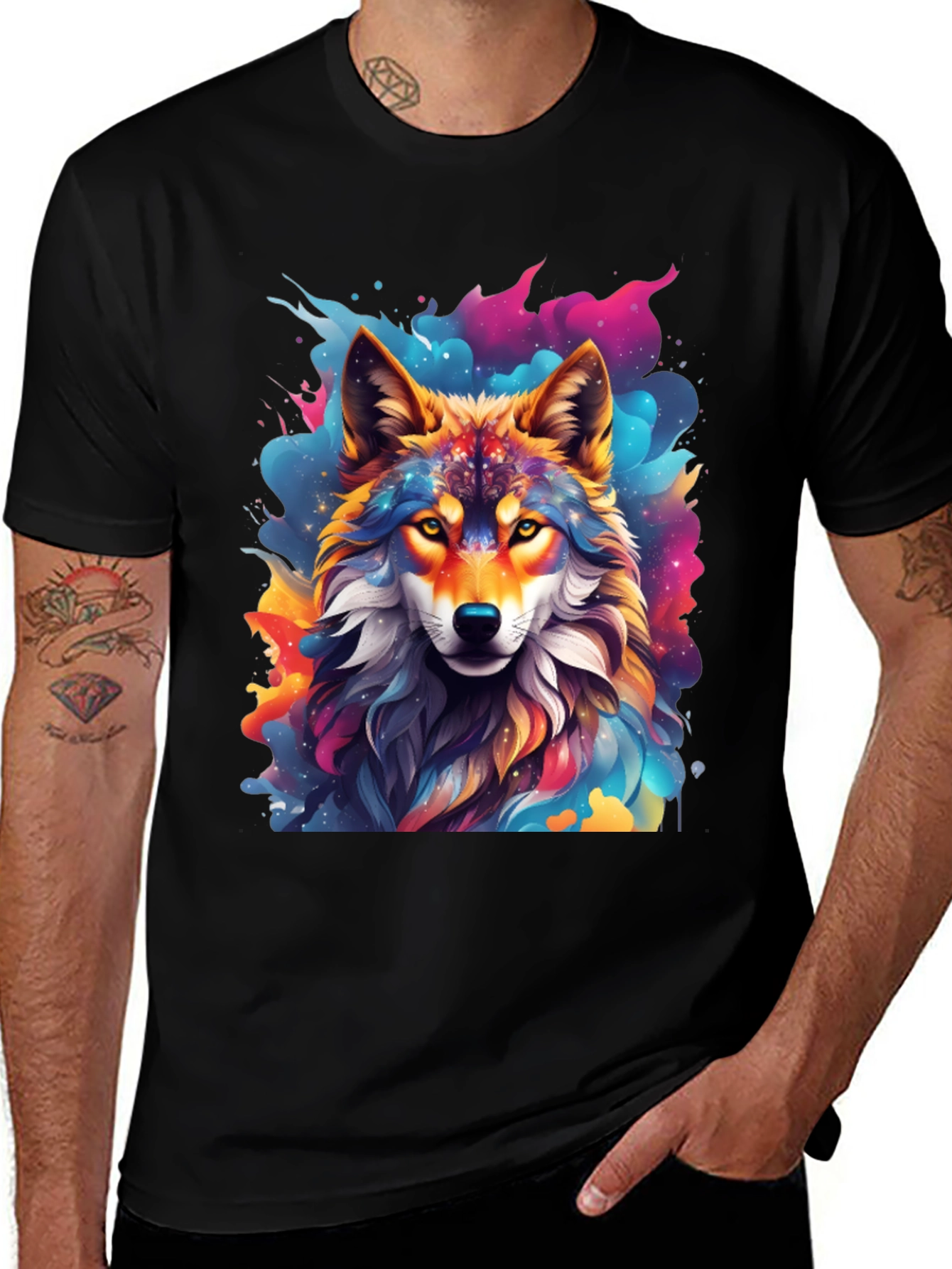 Variant 14 of Colorful Wolf Graphic Print Black T-Shirt