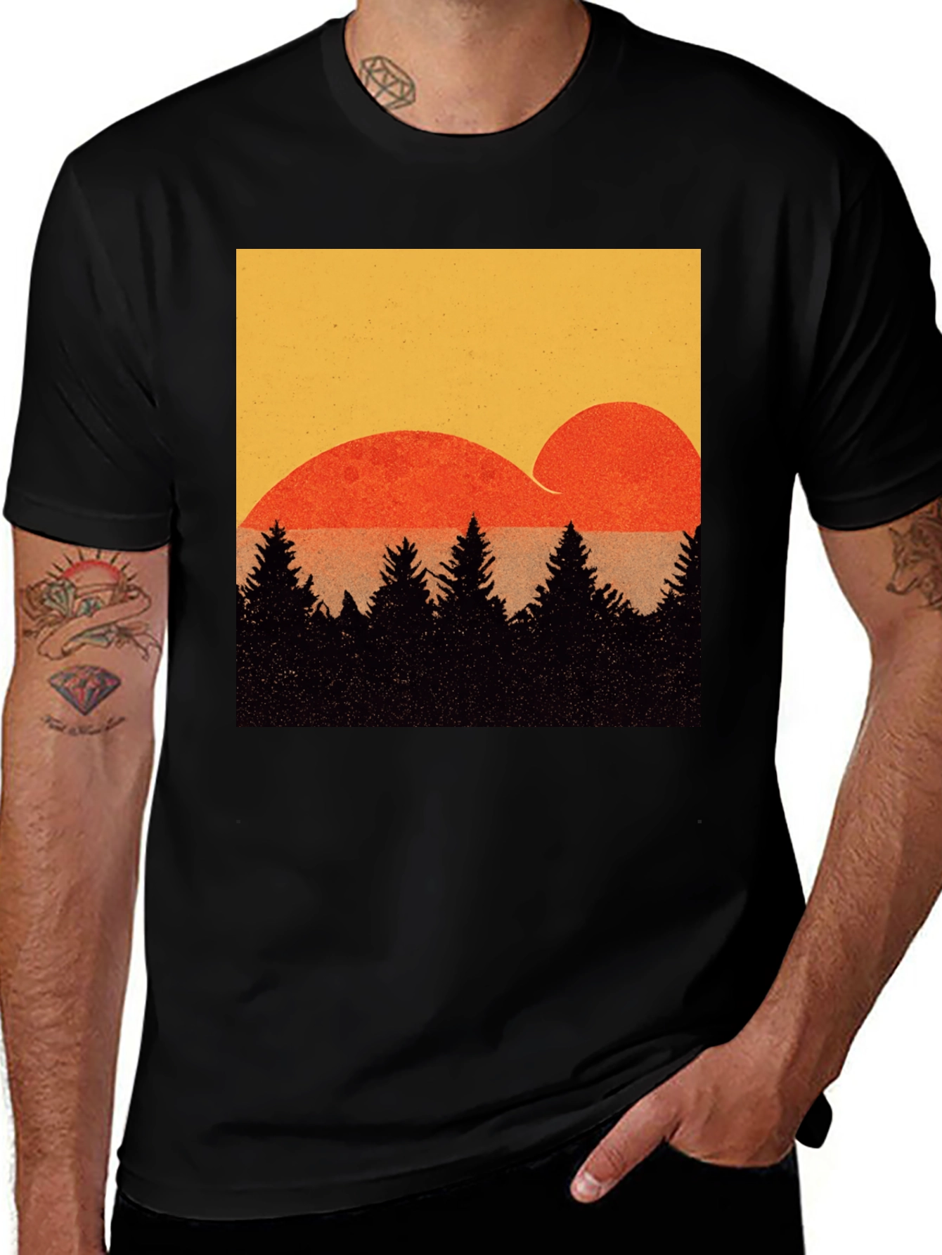 Variant 2 of Sunset Forest Graphic Tee - Retro Style Black T-Shirt