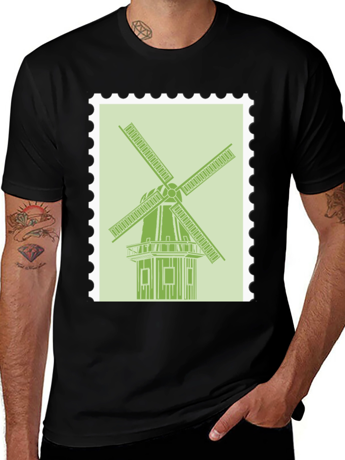 Variant 25 of Whimsical Windmill Stamp Graphic Tee - Unique Design