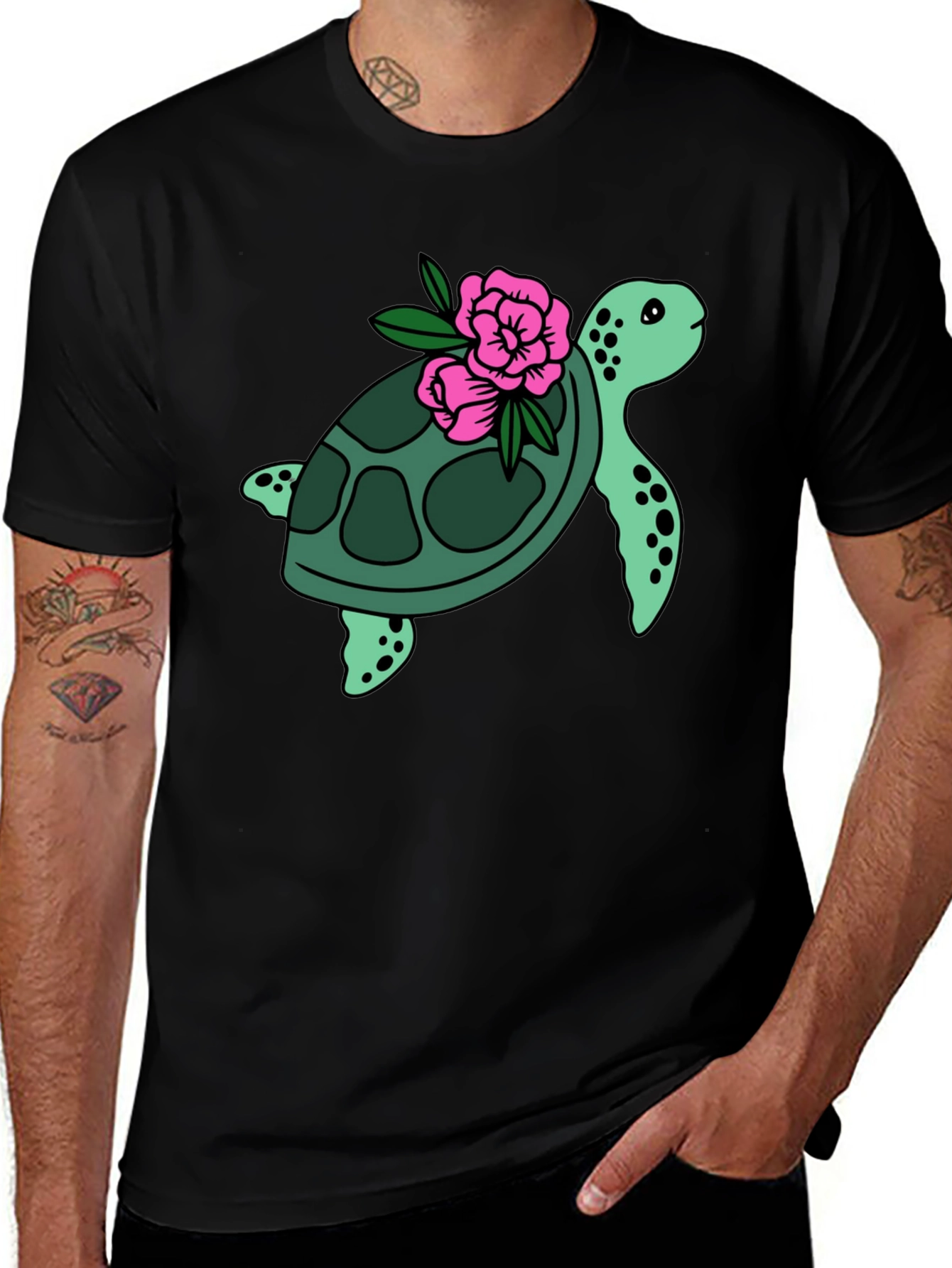 Black Turtle & Flower Graphic Tee - Black main image