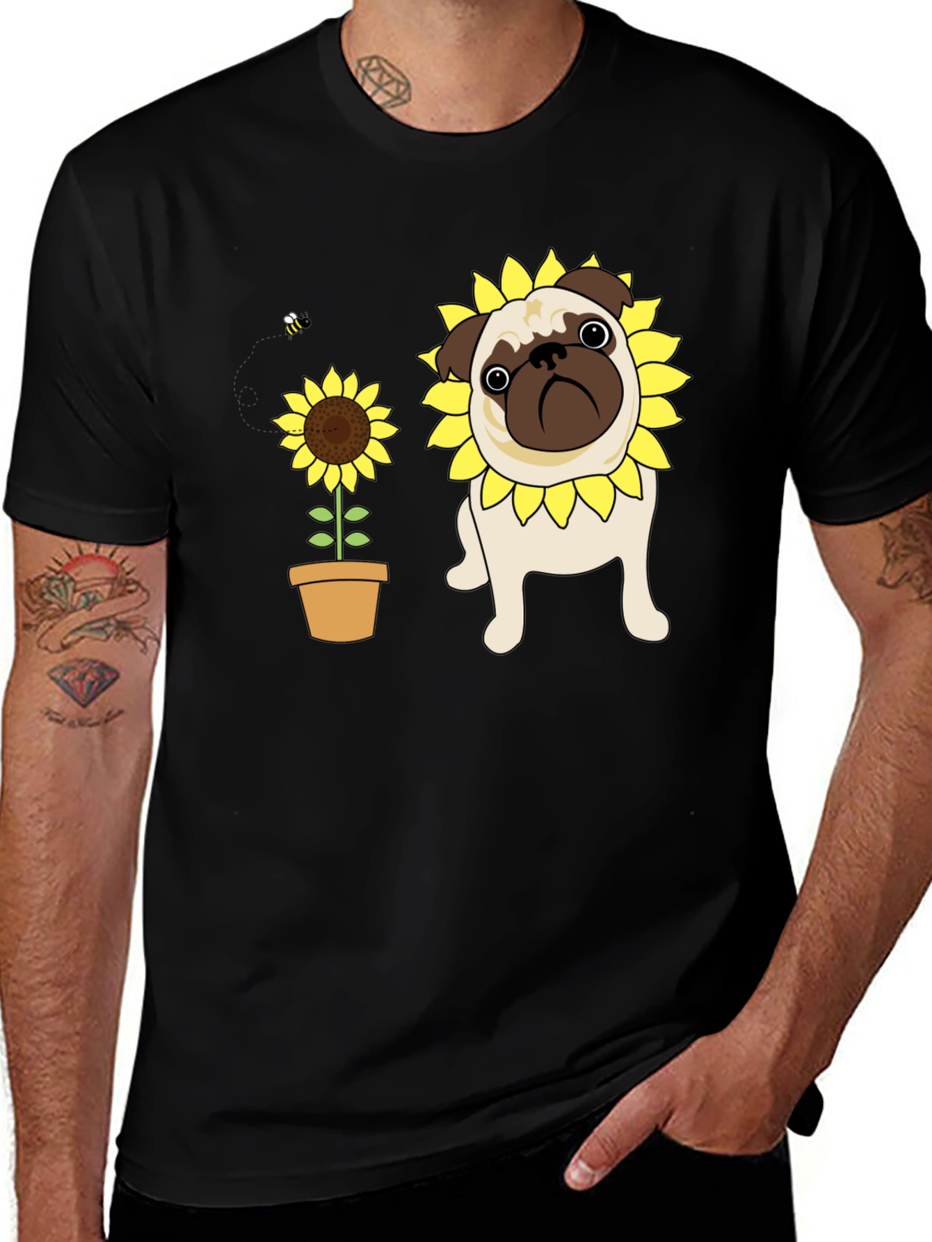 Variant 16 of Pug Sunflower Graphic Tee - Adorable Canine Design