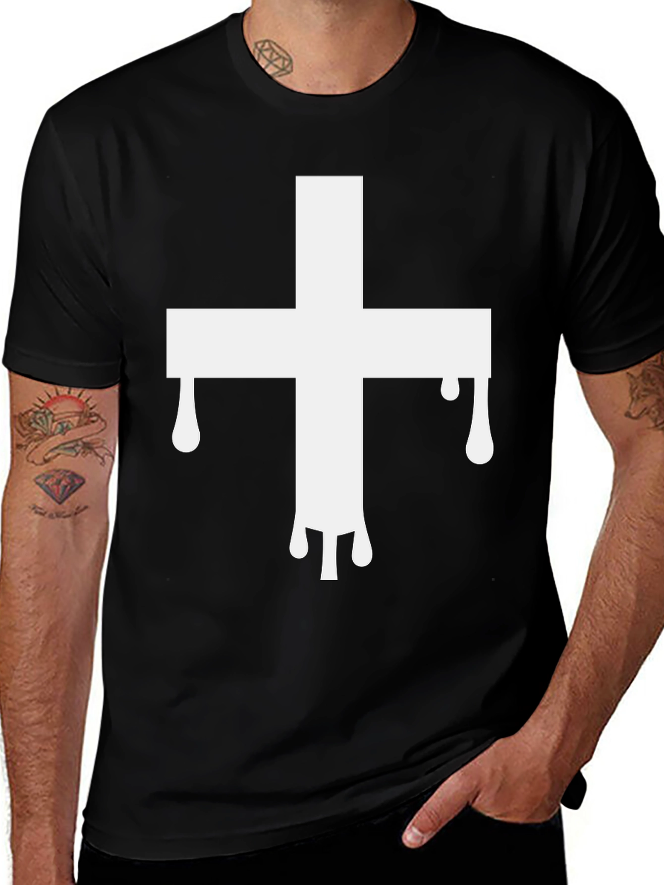 Variant 18 of Men's Black T-Shirt with Dripping Cross Graphic