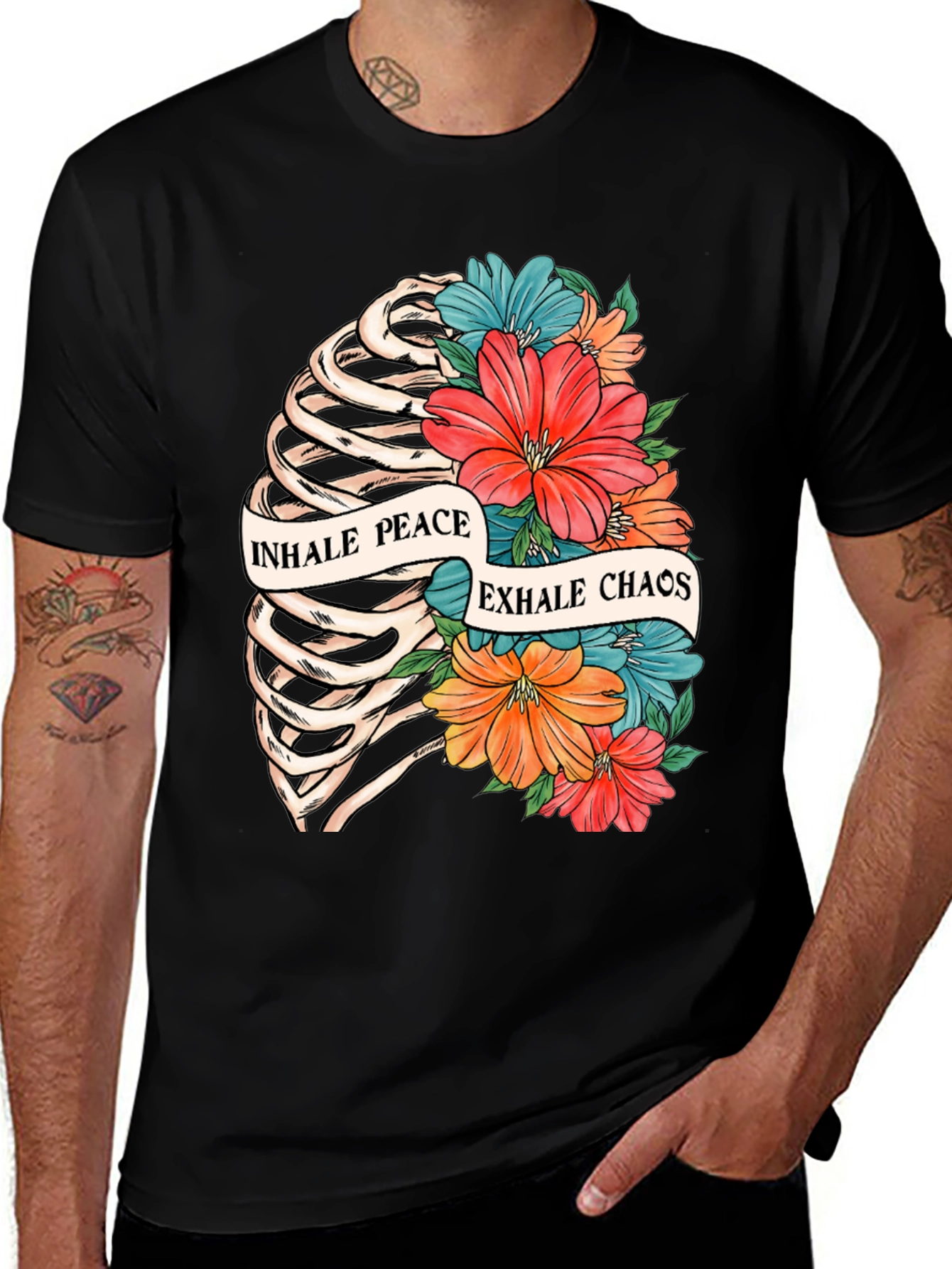 Inhale Peace Exhale Chaos Rib Cage Floral Graphic Tee