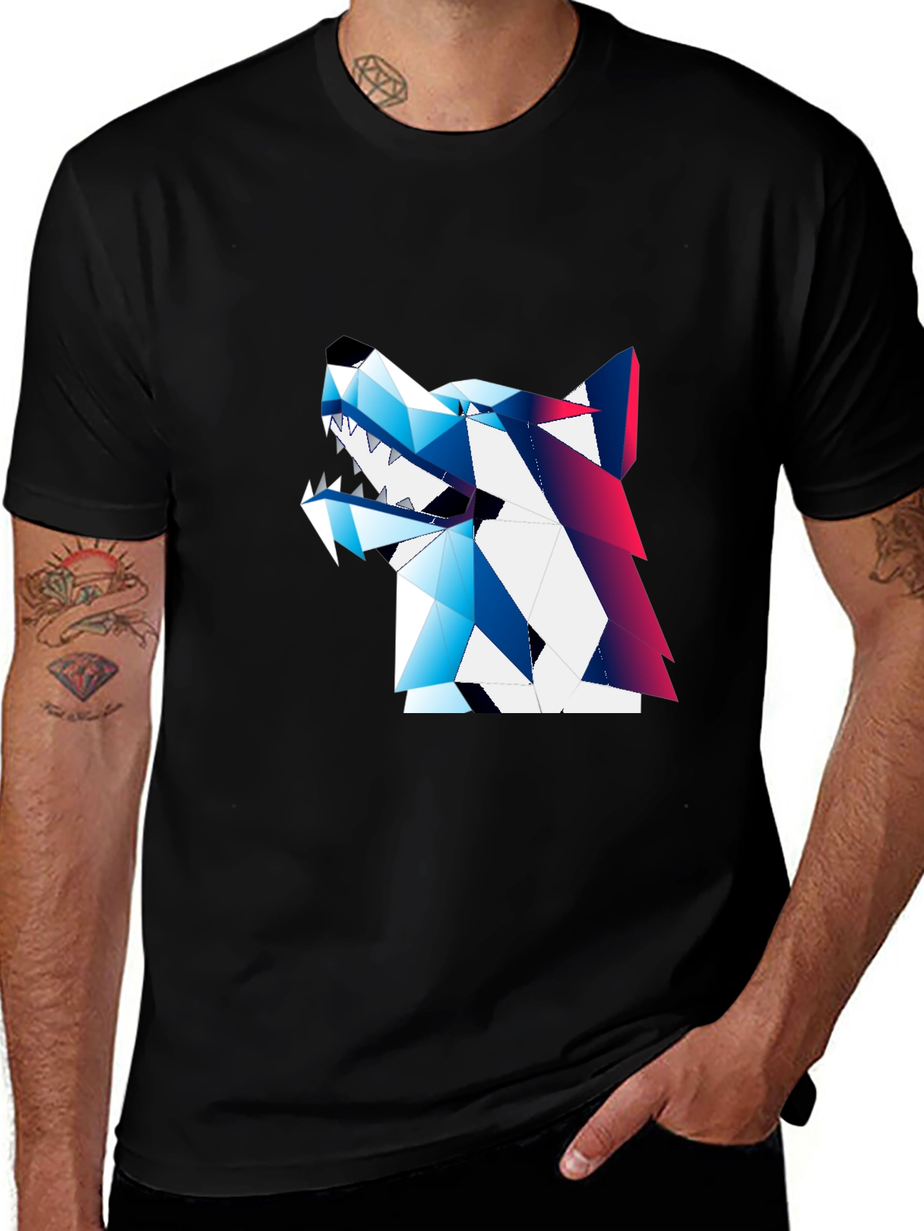 Black Geometric Wolf Graphic Tee - Modern Streetwear main image