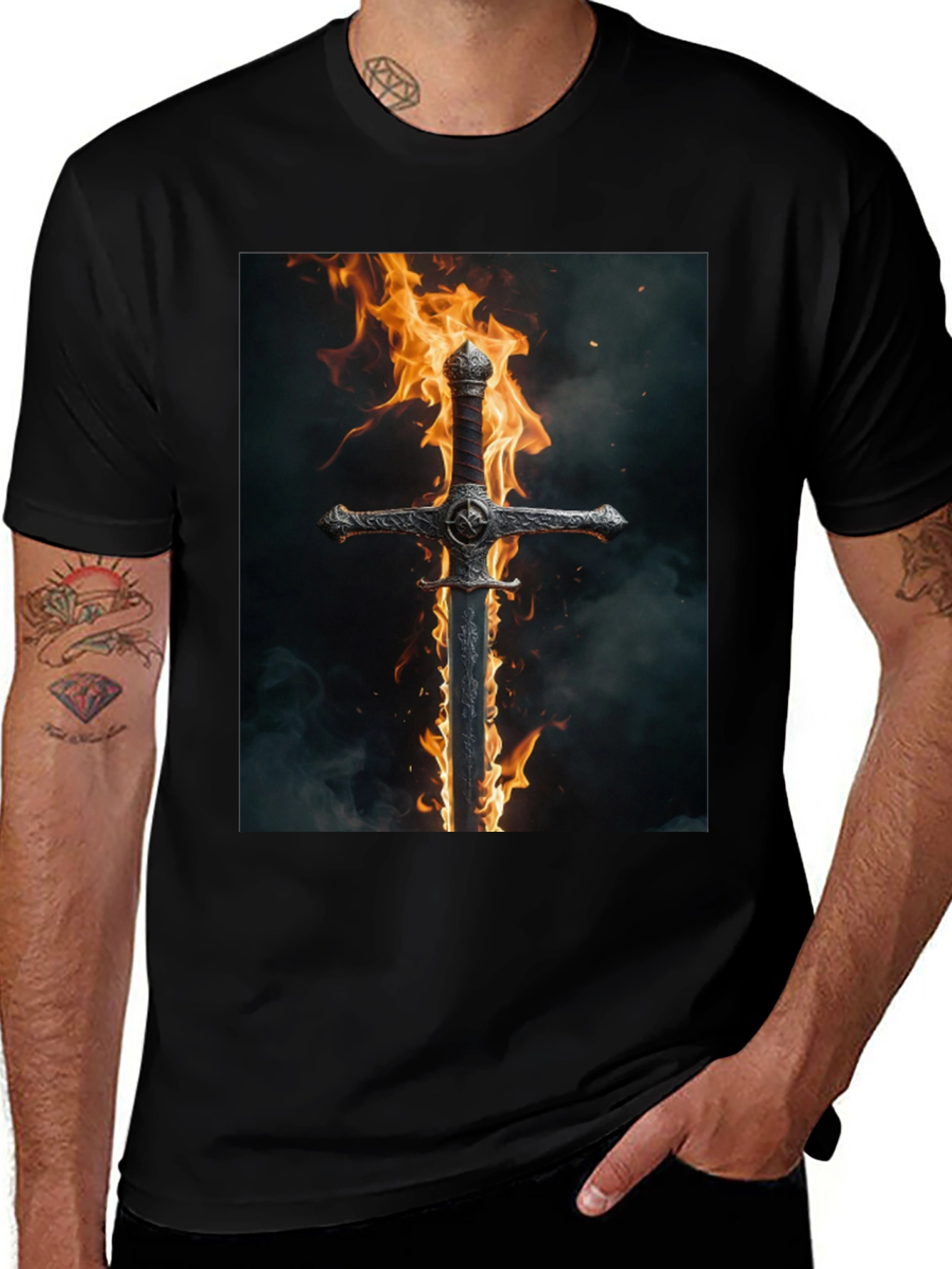 Variant 24 of Fiery Sword Graphic Tee - Bold Black Cotton T-Shirt