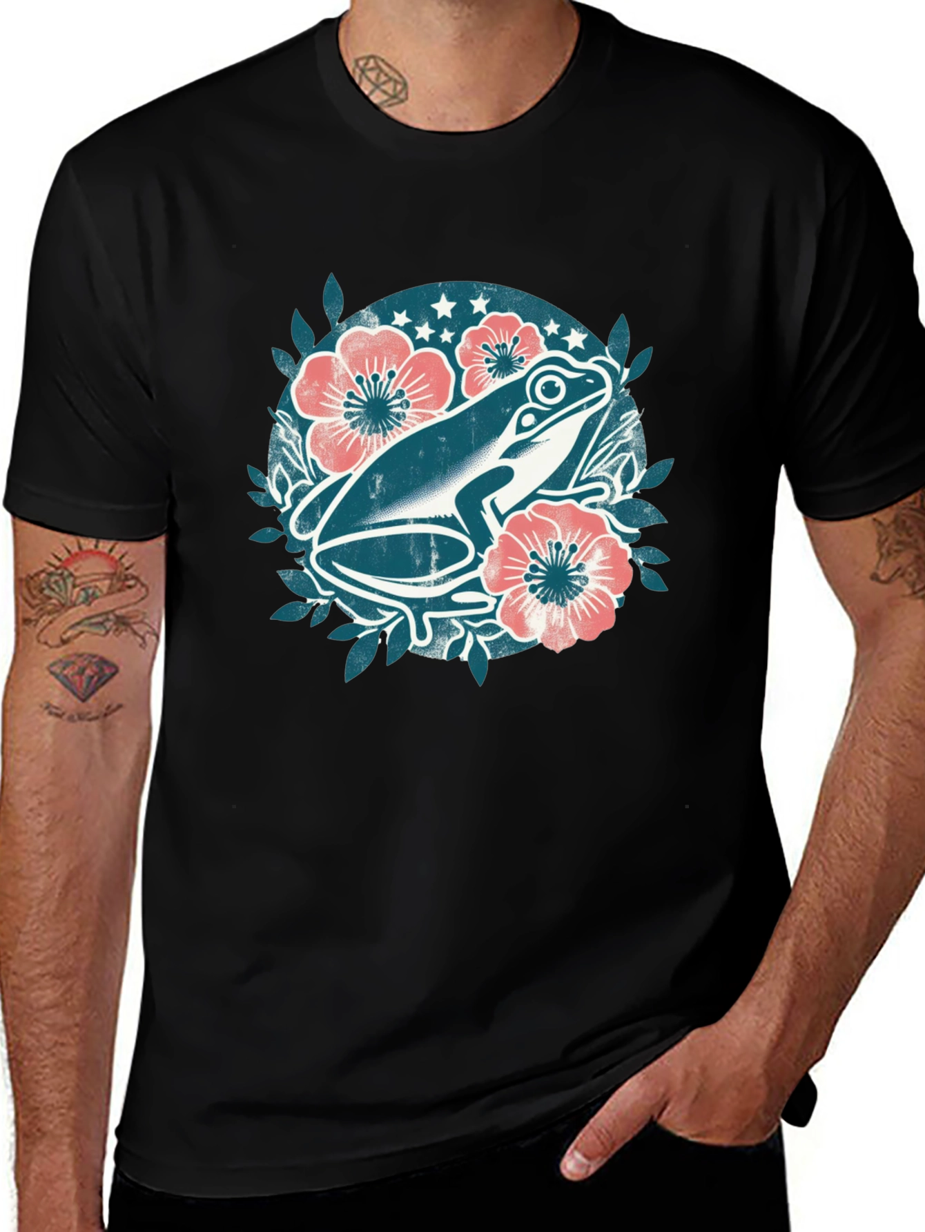 Variant 10 of Frog Floral Graphic Tee - Black Cotton T-Shirt