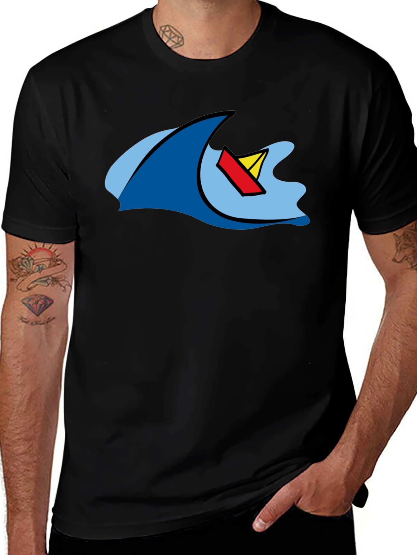 Variant 11 of Cartoon Wave & Boat Black T-Shirt