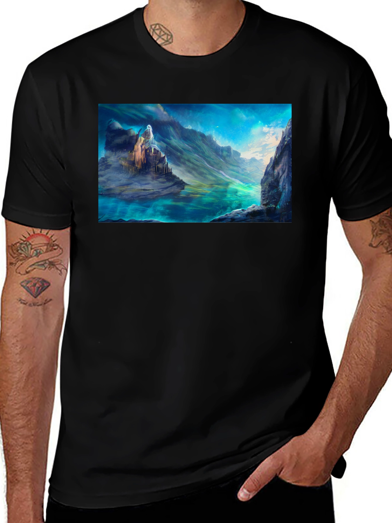 Variant 8 of Fantasy Landscape Graphic Tee - Black Cotton Blend Shirt